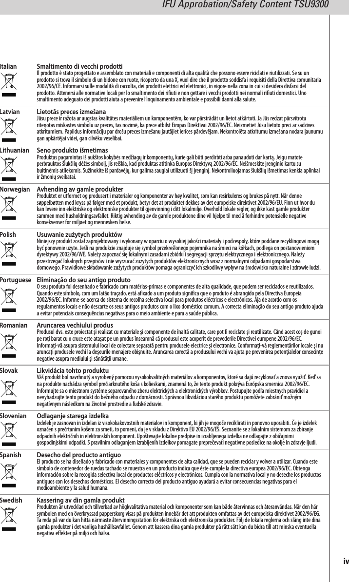 ivItalian Smaltimento di vecchi prodottiIl prodotto è stato progettato e assemblato con materiali e componenti di alta qualità che possono essere riciclati e riutilizzati. Se su unprodotto si trova il simbolo di un bidone con ruote, ricoperto da una X, vuol dire che il prodotto soddisfa i requisiti della Direttiva comunitaria2002/96/CE. Informarsi sulle modalità di raccolta, dei prodotti elettrici ed elettronici, in vigore nella zona in cui si desidera disfarsi delprodotto. Attenersi alle normative locali per lo smaltimento dei rifiuti e non gettare i vecchi prodotti nei normali rifiuti domestici. Unosmaltimento adeguato dei prodotti aiuta a prevenire l’inquinamento ambientale e possibili danni alla salute.Latvian Lietotās preces izmešanaJūsu prece ir ražota ar augstas kvalitātes materiāliem un komponentēm, ko var pārstrādāt un lietot atkârtoti. Ja Jūs redzat pārsvītroturiteņotas miskastes simbolu uz preces, tas nozīmē, ka prece atbilst Eiropas Direktīvai 2002/96/EC. Neizmetiet Jūsu lietoto preci ar sadzīvesatkritumiem. Papildus informāciju par drošu preces izmešanu jautājiet ierīces pārdevējam. Nekontrolēta atkritumu izmešana nodara ļaunumugan apkārtējai videi, gan cilvēku veselībai.Lithuanian Seno produkto išmetimasProduktas pagamintas iš aukštos kokybės medžiagų ir komponentų, kurie gali būti perdirbti arba panaudoti dar kartą. Jeigu matoteperbrauktos šiukšlių dėžės simbolį, jis reiškia, kad produktas atitinka Europos Direktyvą 2002/96/EC. Neišmeskite įrenginio kartu subuitinėmis atliekomis. Sužinokite iš pardavėjų, kur galima saugiai utilizuoti šį įrenginį. Nekontroliuojamas šiukšlių išmetimas kenkia aplinkaiir žmonių sveikatai.Norwegian Avhending av gamle produkterProduktet er utformet og produsert i materialer og komponenter av høy kvalitet, som kan resirkuleres og brukes på nytt. Når dennesøppelbøtten med kryss på følger med et produkt, betyr det at produktet dekkes av det europeiske direktivet 2002/96/EU. Finn ut hvor dukan levere inn elektriske og elektroniske produkter til gjenvinning i ditt lokalmiljø. Overhold lokale regler, og ikke kast gamle produktersammen med husholdningsavfallet. Riktig avhending av de gamle produktene dine vil hjelpe til med å forhindre potensielle negativekonsekvenser for miljøet og menneskers helse.Polish Usuwanie zużytych produktówNiniejszy produkt został zaprojektowany i wykonany w oparciu o wysokiej jakości materiały i podzespoły, które poddane recyklingowi mogąbyć ponownie użyte. Jeśli na produkcie znajduje się symbol przekreślonego pojemnika na śmieci na kółkach, podlega on postanowieniomdyrektywy 2002/96/WE. Należy zapoznać się lokalnymi zasadami zbiórki i segregacji sprzętu elektrycznego i elektronicznego. Należyprzestrzegać lokalnych przepisów i nie wyrzucać zużytych produktów elektronicznych wraz z normalnymi odpadami gospodarstwadomowego. Prawidłowe składowanie zużytych produktów pomaga ograniczyć ich szkodliwy wpływ na środowisko naturalne i zdrowie ludzi.Portuguese Eliminação do seu antigo produtoO seu produto foi desenhado e fabricado com matérias-primas e componentes de alta qualidade, que podem ser reciclados e reutilizados.Quando este símbolo, com um latão traçado, está afixado a um produto significa que o produto é abrangido pela Directiva Europeia2002/96/EC. Informe-se acerca do sistema de recolha selectiva local para produtos eléctricos e electrónicos. Aja de acordo com osregulamentos locais e não descarte os seus antigos produtos com o lixo doméstico comum. A correcta eliminação do seu antigo produto ajudaa evitar potenciais consequências negativas para o meio ambiente e para a saúde pública.Romanian Aruncarea vechiului produsProdusul dvs. este proiectat şi realizat cu materiale şi componente de înaltă calitate, care pot fi reciclate şi reutilizate. Când acest coş de gunoipe roţi barat cu o cruce este ataşat pe un produs înseamnă că produsul este acoperit de prevederile Directivei europene 2002/96/EC.Informaţi-vă asupra sistemului local de colectare separată pentru produsele electrice şi electronice. Conformaţi-vă reglementărilor locale şi nuaruncaţi produsele vechi la deşeurile menajere obişnuite. Aruncarea corectă a produsului vechi va ajuta pe prevenirea potenţialelor consecinţenegative asupra mediului şi sănătăţii umane.Slovak Likvidácia tohto produktuVáš produkt bol navrhnutý a vyrobený pomocou vysokokvalitných materiálov a komponentov, ktoré sa dajú recyklovať a znova využiť. Keď sana produkte nachádza symbol prečiarknutého koša s kolieskami, znamená to, že tento produkt pokrýva Európska smernica 2002/96/EC.Informujte sa o miestnom systéme separovaného zberu elektrických a elektronických výrobkov. Postupujte podľa miestnych pravidiel anevyhadzujte tento produkt do bežného odpadu z domácnosti. Správnou likvidáciou starého produktu pomôžete zabrániť možnýmnegatívnym následkom na životné prostredie a ľudské zdravie.Slovenian Odlaganje starega izdelkaIzdelek je zasnovan in izdelan iz visokokakovostnih materialov in komponent, ki jih je mogoče reciklirati in ponovno uporabiti. Če je izdelekoznačen s prečrtanim košem za smeti, to pomeni, da je v skladu z Direktivo EU 2002/96/ES. Seznanite se z lokalnim sistemom za zbiranjeodpadnih električnih in elektronskih komponent. Upoštevajte lokalne predpise in izrabljenega izdelka ne odlagajte z običajnimigospodinjskimi odpadki. S pravilnim odlaganjem izrabljenih izdelkov pomagate preprečevati negativne posledice na okolje in zdravje ljudi.Spanish Desecho del producto antiguoEl producto se ha diseñado y fabricado con materiales y componentes de alta calidad, que se pueden reciclar y volver a utilizar. Cuando estesímbolo de contenedor de ruedas tachado se muestra en un producto indica que éste cumple la directiva europea 2002/96/EC. Obtengainformación sobre la recogida selectiva local de productos eléctricos y electrónicos. Cumpla con la normativa local y no deseche los productosantiguos con los desechos domésticos. El desecho correcto del producto antiguo ayudará a evitar consecuencias negativas para elmedioambiente y la salud humana.Swedish Kassering av din gamla produktProdukten är utvecklad och tillverkad av högkvalitativa material och komponenter som kan både återvinnas och återanvändas. När den härsymbolen med en överkryssad papperskorg visas på produkten innebär det att produkten omfattas av det europeiska direktivet 2002/96/EG.Ta reda på var du kan hitta närmaste återvinningsstation för elektriska och elektroniska produkter. Följ de lokala reglerna och släng inte dinagamla produkter i det vanliga hushållsavfallet. Genom att kassera dina gamla produkter på rätt sätt kan du bidra till att minska eventuellanegativa effekter på miljö och hälsa.IFU Approbation/Safety Content TSU9300