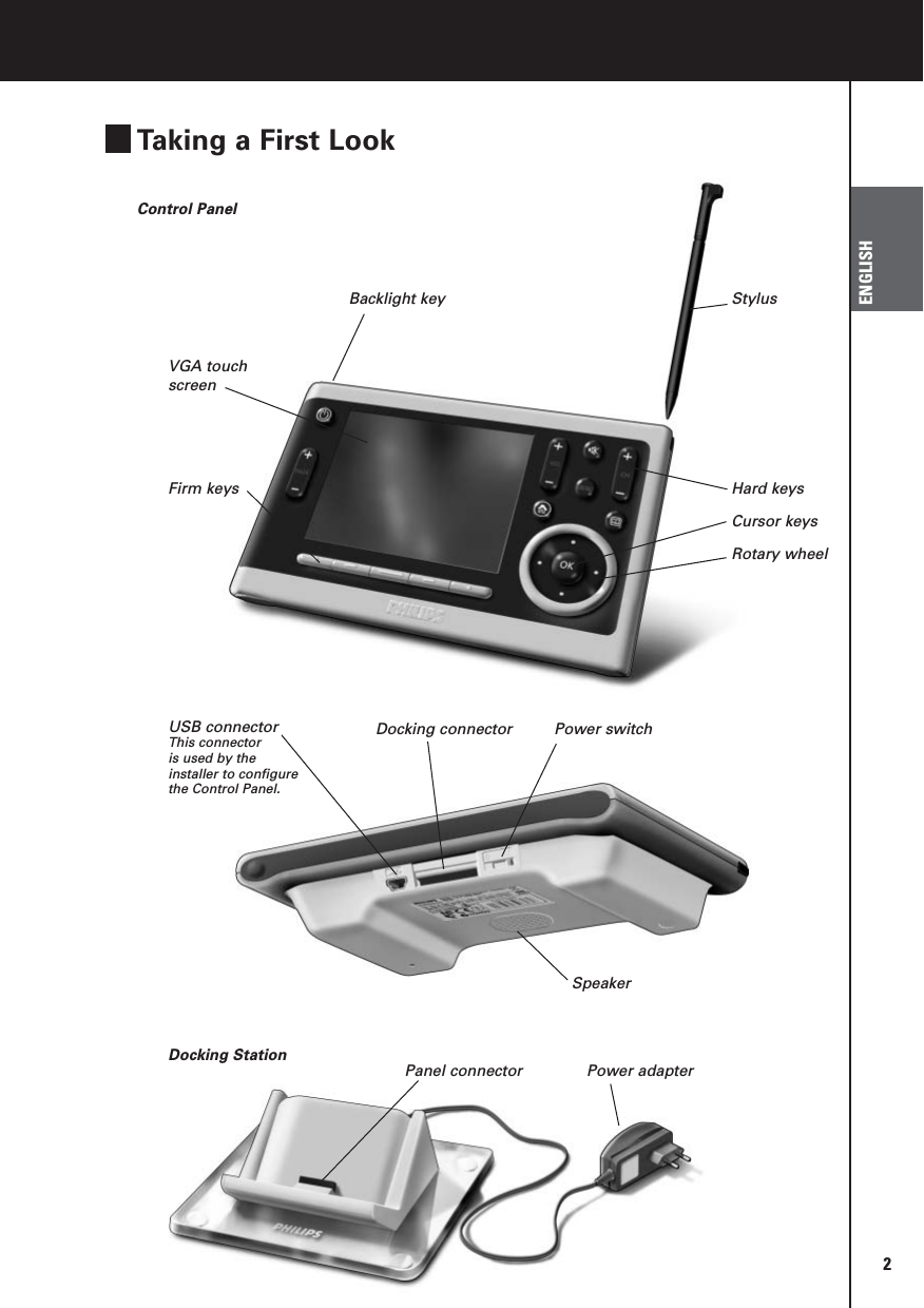 2TSU9600 Starter’s GuideENGLISHPower adapterVGA touchscreenFirm keysBacklight key StylusHard keysCursor keysRotary wheelDocking connector Power switchSpeakerControl PanelDocking Station  Panel connectorUSB connectorThis connector is used by theinstaller to configurethe Control Panel.Taking a First Look