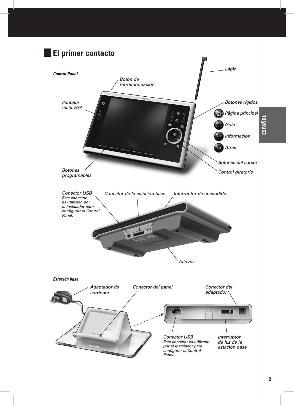 2Manual de inicio de TSU9800ESPAÑOLPantalla táctil VGABotones programablesBotón de retroiluminaciónLápizBotones rígidosBotones del cursorControl giratorioConector de la estación base Interruptor de encendidoAltavozControl PanelEstación base Conector del panelConector USBEste conector  es utilizado por el instalador para configurar el Control Panel.El primer contactoPágina principalGuíaInformaciónAtrásConector del adaptadorInterruptor de luz de la estación baseConector USBEste conector es utilizado por el instalador para configurar el Control Panel.Adaptador de corriente