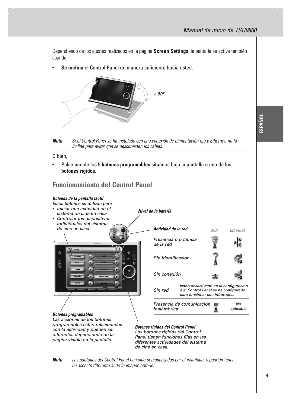 4Manual de inicio de TSU9800ESPAÑOLDependiendo de los ajustes realizados en la página Screen Settings, la pantalla se activa también cuando:•  Se inclina el Control Panel de manera suficiente hacia usted.Nota  Si el Control Panel se ha instalado con una conexión de alimentación fija y Ethernet, no lo incline para evitar que se desconecten los cables.O bien,•  Pulse uno de los 5 botones programables situados bajo la pantalla o uno de los botones rígidos.Funcionamiento del Control PanelBotones de la pantalla táctilEstos botones se utilizan para•  Iniciar una actividad en el sistema de cine en casa•  Controlar los dispositivos individuales del sistema de cine en casaBotones programablesLas acciones de los botones programables están relacionadas con la actividad y pueden ser diferentes dependiendo de la página visible en la pantallaNivel de la bateríaActividad de la red  WiFi EthernetBotones rígidos del Control PanelLos botones rígidos del Control Panel tienen funciones fijas en las diferentes actividades del sistema de cine en casa. Nota  Las pantallas del Control Panel han sido personalizadas por el instalador y podrían tener un aspecto diferente al de la imagen anterior.≥ 50°Presencia o potencia de la redSin identificaciónSin conexiónSin red  Icono desactivado en la configuración o el Control Panel se ha configurado para funcionar con infrarrojos.Presencia de comunicación inalámbricaNo aplicable