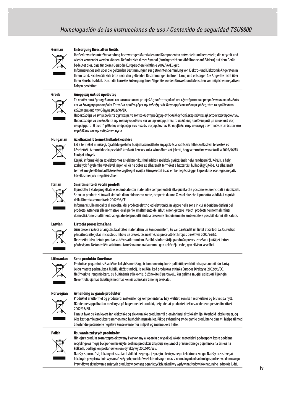 Homologación de las instrucciones de uso / Contenido de seguridad TSU9800German  Entsorgung Ihres alten Geräts Ihr Gerät wurde unter Verwendung hochwertiger Materialien und Komponenten entwickelt und hergestellt, die recycelt und wieder verwendet werden können. Befindet sich dieses Symbol (durchgestrichene Abfalltonne auf Rädern) auf dem Gerät, bedeutet dies, dass für dieses Gerät die Europäischen Richtlinie 2002/96/EG gilt. Informieren Sie sich über die geltenden Bestimmungen zur getrennten Sammlung von Elektro- und Elektronik-Altgeräten in Ihrem Land. Richten Sie sich bitte nach den geltenden Bestimmungen in Ihrem Land, und entsorgen Sie Altgeräte nicht über Ihren Haushaltsabfall. Durch die korrekte Entsorgung Ihrer Altgeräte werden Umwelt und Menschen vor möglichen negativen Folgen geschützt.Greek  Απόρριψη παλιού προϊόντος Το προϊόν αυτό έχει σχεδιαστεί και κατασκευαστεί με υψηλής ποιότητας υλικά και εξαρτήματα που μπορούν να ανακυκλωθούν και να ξαναχρησιμοποιηθούν. Όταν ένα προϊόν φέρει την ένδειξη ενός διαγραμμένου κάδου με ρόδες, τότε το προϊόν αυτό καλύπτεται από την Οδηγία 2002/96/ΕΚ. Παρακαλούμε να ενημερωθείτε σχετικά με το τοπικό σύστημα ξεχωριστής συλλογής ηλεκτρικών και ηλεκτρονικών προϊόντων. Παρακαλούμε να ακολουθείτε την τοπική νομοθεσία και να μην απορρίπτετε τα παλιά σας προϊόντα μαζί με τα οικιακά σας απορρίμματα. Η σωστή μέθοδος απόρριψης των παλιών σας προϊόντων θα συμβάλει στην αποφυγή αρνητικών επιπτώσεων στο περιβάλλον και την ανθρώπινη υγεία. Hungarian  Az elhasznált termék hulladékkezelése Ezt a terméket minőségi, újrafeldolgozható és újrahasznosítható anyagok és alkatrészek felhasználásával tervezték és készítették. A termékhez kapcsolódó áthúzott kerekes kuka szimbólum azt jelenti, hogy a termékre vonatkozik a 2002/96/EK Európai irányelv. Kérjük, informálódjon az elektromos és elektronikus hulladékok szelektív gyűjtésének helyi rendszeréről. Kérjük, a helyi szabályok figyelembe vételével járjon el, és ne dobja az elhasznált terméket a háztartási hulladékgyűjtőbe. Az elhasznált termék megfelelő hulladékkezelése segítséget nyújt a környezettel és az emberi egészséggel kapcsolatos esetleges negatív következmények megelőzésében.Italian  Smaltimento di vecchi prodotti Il prodotto è stato progettato e assemblato con materiali e componenti di alta qualità che possono essere riciclati e riutilizzati. Se su un prodotto si trova il simbolo di un bidone con ruote, ricoperto da una X, vuol dire che il prodotto soddisfa i requisiti della Direttiva comunitaria 2002/96/CE. Informarsi sulle modalità di raccolta, dei prodotti elettrici ed elettronici, in vigore nella zona in cui si desidera disfarsi del prodotto. Attenersi alle normative locali per lo smaltimento dei rifiuti e non gettare i vecchi prodotti nei normali rifiuti domestici. Uno smaltimento adeguato dei prodotti aiuta a prevenire l’inquinamento ambientale e possibili danni alla salute.Latvian  Lietotās preces izmešana Jūsu prece ir ražota ar augstas kvalitātes materiāliem un komponentēm, ko var pārstrādāt un lietot atkârtoti. Ja Jūs redzat pārsvītrotu riteņotas miskastes simbolu uz preces, tas nozīmē, ka prece atbilst Eiropas Direktīvai 2002/96/EC. Neizmetiet Jūsu lietoto preci ar sadzīves atkritumiem. Papildus informāciju par drošu preces izmešanu jautājiet ierīces pārdevējam. Nekontrolēta atkritumu izmešana nodara ļaunumu gan apkārtējai videi, gan cilvēku veselībai. Lithuanian  Seno produkto išmetimas Produktas pagamintas iš aukštos kokybės medžiagų ir komponentų, kurie gali būti perdirbti arba panaudoti dar kartą. Jeigu matote perbrauktos šiukšlių dėžės simbolį, jis reiškia, kad produktas atitinka Europos Direktyvą 2002/96/EC. Neišmeskite įrenginio kartu su buitinėmis atliekomis. Sužinokite iš pardavėjų, kur galima saugiai utilizuoti šį įrenginį. Nekontroliuojamas šiukšlių išmetimas kenkia aplinkai ir žmonių sveikatai. Norwegian  Avhending av gamle produkter Produktet er utformet og produsert i materialer og komponenter av høy kvalitet, som kan resirkuleres og brukes på nytt. Når denne søppelbøtten med kryss på følger med et produkt, betyr det at produktet dekkes av det europeiske direktivet 2002/96/EU. Finn ut hvor du kan levere inn elektriske og elektroniske produkter til gjenvinning i ditt lokalmiljø. Overhold lokale regler, og ikke kast gamle produkter sammen med husholdningsavfallet. Riktig avhending av de gamle produktene dine vil hjelpe til med å forhindre potensielle negative konsekvenser for miljøet og menneskers helse.Polish  Usuwanie zużytych produktów Niniejszy produkt został zaprojektowany i wykonany w oparciu o wysokiej jakości materiały i podzespoły, które poddane recyklingowi mogą być ponownie użyte. Jeśli na produkcie znajduje się symbol przekreślonego pojemnika na śmieci na kółkach, podlega on postanowieniom dyrektywy 2002/96/WE. Należy zapoznać się lokalnymi zasadami zbiórki i segregacji sprzętu elektrycznego i elektronicznego. Należy przestrzegać lokalnych przepisów i nie wyrzucać zużytych produktów elektronicznych wraz z normalnymi odpadami gospodarstwa domowego. Prawidłowe składowanie zużytych produktów pomagą ograniczyć ich szkodliwy wpływ na środowisko naturalne i zdrowie ludzi.  iv