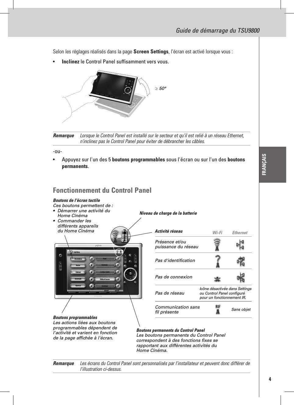 4Guide de démarrage du TSU9800FRANÇAISSelon les réglages réalisés dans la page Screen Settings, l&apos;écran est activé lorsque vous :•  Inclinez le Control Panel suffisamment vers vous.Remarque  Lorsque le Control Panel est installé sur le secteur et qu&apos;il est relié à un réseau Ethernet, n&apos;inclinez pas le Control Panel pour éviter de débrancher les câbles.-ou-•  Appuyez sur l&apos;un des 5 boutons programmables sous l&apos;écran ou sur l&apos;un des boutons permanents.Fonctionnement du Control PanelBoutons de l&apos;écran tactileCes boutons permettent de :•  Démarrer une activité du  Home Cinéma•  Commander les différents appareils du Home CinémaBoutons programmablesLes actions liées aux boutons programmables dépendent de l&apos;activité et varient en fonction de la page affichée à l&apos;écran.Niveau de charge de la batterieActivité réseau  Wi-Fi EthernetBoutons permanents du Control PanelLes boutons permanents du Control Panel correspondent à des fonctions fixes se rapportant aux différentes activités du Home Cinéma. Remarque  Les écrans du Control Panel sont personnalisés par l&apos;installateur et peuvent donc différer de l&apos;illustration ci-dessus.≥ 50°Présence et/ou puissance du réseauPas d&apos;identificationPas de connexionPas de réseau Icône désactivée dans Settings ou Control Panel configuré pour un fonctionnement IR.Communication sans fil présente Sans objet