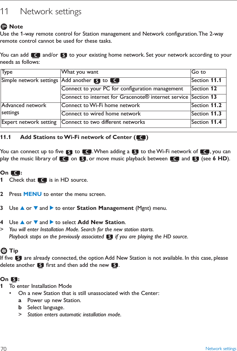 11 Network settingsNoteUse the 1-way remote control for Station management and Network conﬁguration.The 2-wayremote control cannot be used for these tasks.You can add  and/or  to your existing home network. Set your network according to yourneeds as follows:11.1 Add Stations to Wi-Fi network of Center ( )You can connect up to ﬁve  to  .When adding a  to the Wi-Fi network of  , you canplay the music library of  on  , or move music playback between  and  (see 6 HD).On :1Check that  is in HD source.2Press MENU to enter the menu screen.3Use 3or 4and 2to enter Station Management (Mgnt) menu.4Use 3or 4and 2to select Add New Station.&gt; You will enter Installation Mode. Search for the new station starts.Playback stops on the previously associated  if you are playing the HD source.TipIf ﬁve  are already connected, the option Add New Station is not available. In this case, pleasedelete another  ﬁrst and then add the new  .On :1To enter Installation Mode• On a new Station that is still unassociated with the Center:aPower up new Station.bSelect language.&gt; Station enters automatic installation mode.Network settings70Type What you want Go toSimple network settings Add another  to  Section 11.1Connect to your PC for conﬁguration management Section 12Connect to internet for Gracenote® internet service Section 13Advanced networksettingsConnect to Wi-Fi home network Section 11.2Connect to wired home network Section 11.3Expert network setting Connect to two different networks Section 11.4