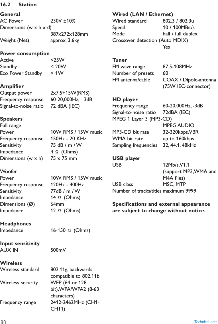 GeneralAC Power 230V ±10%Dimensions (w x h x d)387x272x128mmWeight (Net) approx. 3.6kgPower consumptionActive &lt;25WStandby &lt; 20WEco Power Standby &lt; 1WAmpliﬁerOutput power 2x7.5+15W(RMS)Frequency response 60-20,000Hz, - 3dBSignal-to-noise ratio 72 dBA (IEC)SpeakersFull rangePower 10W RMS / 15W musicFrequency response 150Hz - 20 KHzSensitivity 75 dB / m / WImpedance 4 Ω(Ohms)Dimensions (w x h) 75 x 75 mmWooferPower 10W RMS / 15W musicFrequency response 120Hz - 400HzSensitivity 77dB / m / WImpedance 14 Ω(Ohms)Dimensions (Ø) 64mmImpedance 12 Ω(Ohms)HeadphonesImpedance 16-150 Ω(Ohms)Input sensitivityAUX IN 500mVWirelessWireless standard 802.11g, backwardscompatible to 802.11bWireless security WEP (64 or 128bit),WPA/WPA2 (8-63characters)Frequency range 2412-2462MHz (CH1-CH11)Wired (LAN / Ethernet)Wired standard 802.3 / 802.3uSpeed 10 / 100MBit/sMode half / full duplexCrossover detection (Auto MDIX)Ye sTunerFM wave range 87.5-108MHzNumber of presets 60FM antenna/cable COAX / Dipole-antenna(75W IEC-connector)HD playerFrequency range 60-20,000Hz, -3dBSignal-to-noise ratio 72dBA (IEC)MPEG 1 Layer 3 (MP3-CD)MPEG AUDIOMP3-CD bit rate 32-320kbps,VBRWMA bit rate up to 160kbpsSampling frequencies 32, 44.1, 48kHzUSB playerUSB 12Mb/s,V1.1(support MP3,WMA andM4A ﬁles)USB class MSC, MTPNumber of tracks/titles maximum 9999Speciﬁcations and external appearanceare subject to change without notice.Technical data8816.2 Station