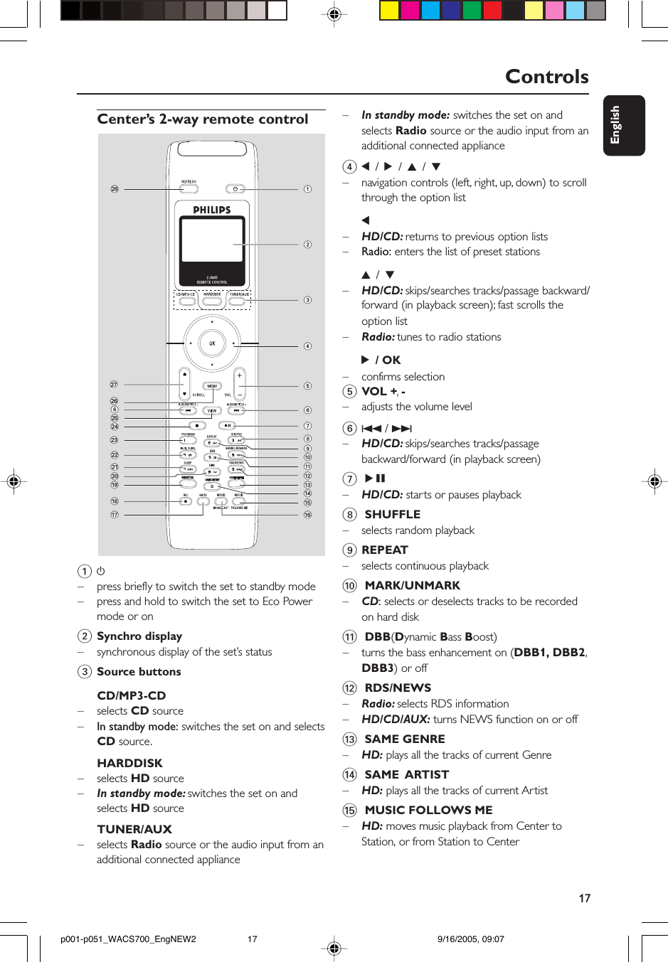 17EnglishControlsCenter’s 2-way remote control1y–press briefly to switch the set to standby mode–press and hold to switch the set to Eco Powermode or on2Synchro display–synchronous display of the set’s status3Source buttonsCD/MP3-CD– selects CD source–In standby mode: switches the set on and selectsCD source.HARDDISK– selects HD source–In standby mode: switches the set on andselects HD sourceTUNER/AUX– selects Radio source or the audio input from anadditional connected appliance–In standby mode: switches the set on andselects Radio source or the audio input from anadditional connected appliance41 / 2 / 3 / 4–navigation controls (left, right, up, down) to scrollthrough the option list1–HD/CD: returns to previous option lists–Radio: enters the list of preset stations3 / 4–HD/CD: skips/searches tracks/passage backward/forward (in playback screen); fast scrolls theoption list–Radio: tunes to radio stations2 / OK– confirms selection5VOL +, -–adjusts the volume level64 / ¢–HD/CD: skips/searches tracks/passagebackward/forward (in playback screen)7ÉÅ–HD/CD: starts or pauses playback8 SHUFFLE–selects random playback9REPEAT– selects continuous playback0 MARK/UNMARK–CD: selects or deselects tracks to be recordedon hard disk! DBB(Dynamic Bass Boost)–turns the bass enhancement on (DBB1, DBB2,DBB3) or off@ RDS/NEWS–Radio: selects RDS information–HD/CD/AUX: turns NEWS function on or off# SAME GENRE–HD: plays all the tracks of current Genre$ SAME  ARTIST–HD: plays all the tracks of current Artist% MUSIC FOLLOWS ME–HD: moves music playback from Center toStation, or from Station to Center12345#%^&amp;$768!0@9*(¡™≤6§•)∞£≥SAME ARTISTSMART EQp001-p051_WACS700_EngNEW2 9/16/2005, 09:0717