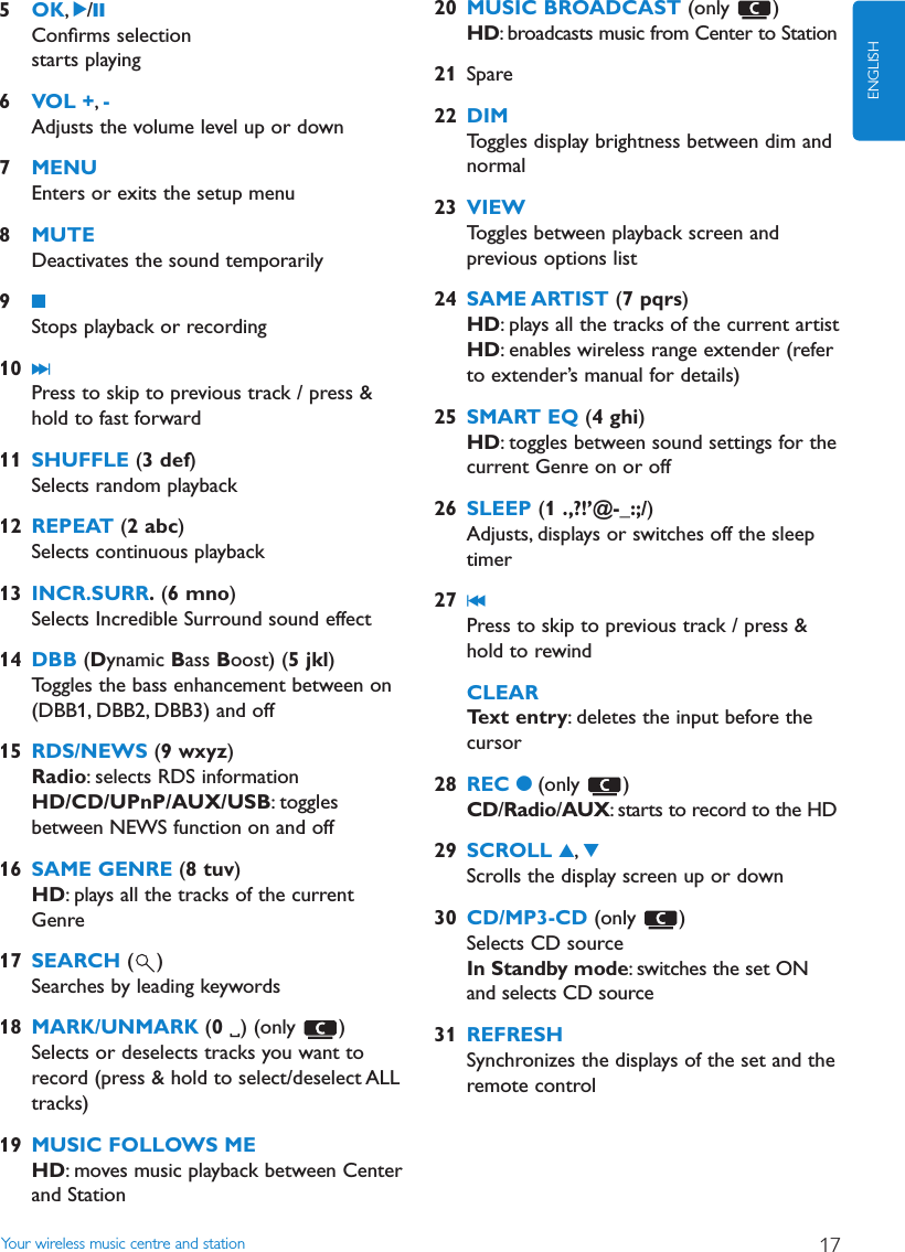 5OK,2/;Conﬁrms selectionstarts playing6VOL +,-Adjusts the volume level up or down7MENUEnters or exits the setup menu8MUTEDeactivates the sound temporarily99Stops playback or recording10 )KPress to skip to previous track / press &amp;hold to fast forward11 SHUFFLE (3 def)Selects random playback12 REPEAT (2 abc)Selects continuous playback13 INCR.SURR.(6 mno)Selects Incredible Surround sound effect14 DBB (Dynamic Bass Boost) (5 jkl)Toggles the bass enhancement between on(DBB1, DBB2, DBB3) and off15 RDS/NEWS (9 wxyz)Radio: selects RDS informationHD/CD/UPnP/AUX/USB: togglesbetween NEWS function on and off16 SAME GENRE (8 tuv)HD: plays all the tracks of the currentGenre17 SEARCH ()Searches by leading keywords18 MARK/UNMARK (0 ) (only  )Selects or deselects tracks you want torecord (press &amp; hold to select/deselect ALLtracks)19 MUSIC FOLLOWS MEHD: moves music playback between Centerand Station20 MUSIC BROADCAST (only )HD: broadcasts music from Center to Station21 Spare22 DIMToggles display brightness between dim andnormal23 VIEWToggles between playback screen andprevious options list24 SAME ARTIST (7 pqrs)HD: plays all the tracks of the current artistHD: enables wireless range extender (referto extender’s manual for details)25 SMART EQ (4 ghi)HD: toggles between sound settings for thecurrent Genre on or off26 SLEEP (1 .,?!’@-_:;/)Adjusts, displays or switches off the sleeptimer27 J(Press to skip to previous track / press &amp;hold to rewindCLEARText entry: deletes the input before thecursor28 REC 0(only )CD/Radio/AUX: starts to record to the HD29 SCROLL 3,4Scrolls the display screen up or down30 CD/MP3-CD (only )Selects CD sourceIn Standby mode: switches the set ONand selects CD source31 REFRESHSynchronizes the displays of the set and theremote controlYour wireless music centre and station 17ENGLISH