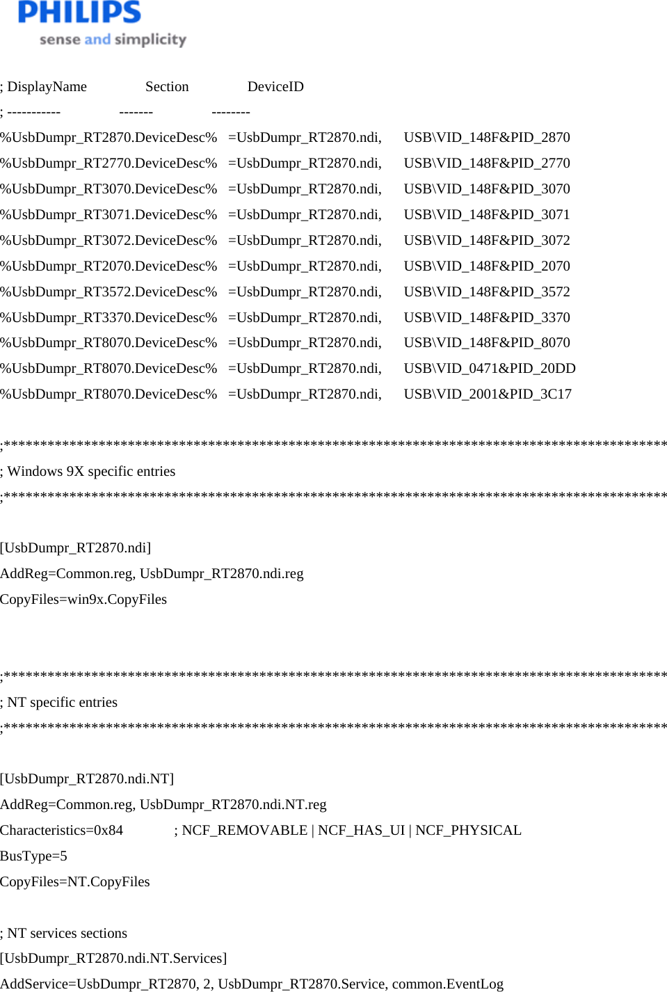    ; DisplayName                Section                DeviceID ; -----------                -------                -------- %UsbDumpr_RT2870.DeviceDesc%   =UsbDumpr_RT2870.ndi,      USB\VID_148F&amp;PID_2870 %UsbDumpr_RT2770.DeviceDesc%   =UsbDumpr_RT2870.ndi,      USB\VID_148F&amp;PID_2770 %UsbDumpr_RT3070.DeviceDesc%   =UsbDumpr_RT2870.ndi,      USB\VID_148F&amp;PID_3070 %UsbDumpr_RT3071.DeviceDesc%   =UsbDumpr_RT2870.ndi,      USB\VID_148F&amp;PID_3071 %UsbDumpr_RT3072.DeviceDesc%   =UsbDumpr_RT2870.ndi,      USB\VID_148F&amp;PID_3072 %UsbDumpr_RT2070.DeviceDesc%   =UsbDumpr_RT2870.ndi,      USB\VID_148F&amp;PID_2070 %UsbDumpr_RT3572.DeviceDesc%   =UsbDumpr_RT2870.ndi,      USB\VID_148F&amp;PID_3572 %UsbDumpr_RT3370.DeviceDesc%   =UsbDumpr_RT2870.ndi,      USB\VID_148F&amp;PID_3370 %UsbDumpr_RT8070.DeviceDesc%   =UsbDumpr_RT2870.ndi,      USB\VID_148F&amp;PID_8070 %UsbDumpr_RT8070.DeviceDesc%   =UsbDumpr_RT2870.ndi,      USB\VID_0471&amp;PID_20DD %UsbDumpr_RT8070.DeviceDesc%   =UsbDumpr_RT2870.ndi,      USB\VID_2001&amp;PID_3C17  ;******************************************************************************************* ; Windows 9X specific entries ;*******************************************************************************************  [UsbDumpr_RT2870.ndi] AddReg=Common.reg, UsbDumpr_RT2870.ndi.reg CopyFiles=win9x.CopyFiles   ;******************************************************************************************* ; NT specific entries ;*******************************************************************************************  [UsbDumpr_RT2870.ndi.NT] AddReg=Common.reg, UsbDumpr_RT2870.ndi.NT.reg Characteristics=0x84              ; NCF_REMOVABLE | NCF_HAS_UI | NCF_PHYSICAL BusType=5 CopyFiles=NT.CopyFiles  ; NT services sections [UsbDumpr_RT2870.ndi.NT.Services] AddService=UsbDumpr_RT2870, 2, UsbDumpr_RT2870.Service, common.EventLog   