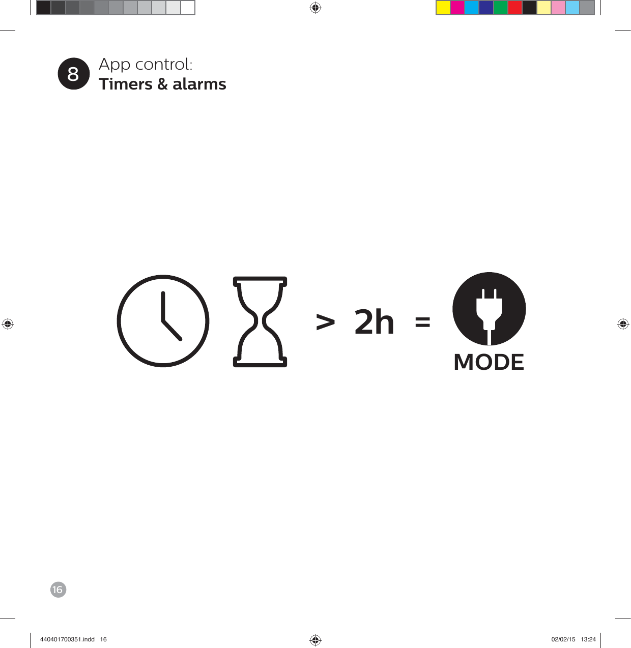 16App control:Timers &amp; alarms8MODE>  2h  =440401700351.indd   16 02/02/15   13:24
