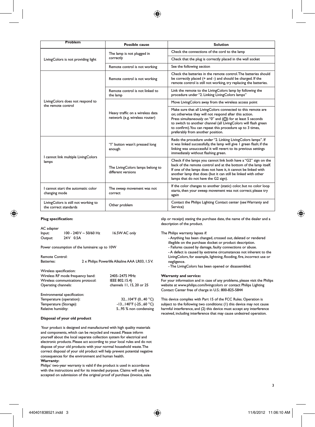 3Plug specication: AC adapterInput:   100 - 240 V ~ 50/60 Hz    16.5W AC onlyOutput:  24 V   0.5A Power consumption of the luminaire: up to 10W Remote Control:Batteries:                   2 x Philips Powerlife Alkaline AAA LR03, 1.5 V. Wireless specication:Wireless RF mode frequency band:  2405&ndash;2475 MHz Wireless communications protocol:  IEEE 802.15.4) Operating channels:    channels 11, 15, 20 or 25 Environmental specication:Temperature (operation):    32...104&deg;F (0...40 &deg;C)Temperature (Storage):    -13...140&deg;F (-25...60 &deg;C)Relative humidity:    5...95 % non condensingDisposal of your old product Your product is designed and manufactured with high quality materials and components, which can be recycled and reused. Please inform yourself about the local separate collection system for electrical and electronic products. Please act according to your local rules and do not dispose of your old products with your normal household waste. The correct disposal of your old product will help prevent potential negative consequences for the environment and human health.Warranty:Philips&rsquo; two-year warranty is valid if the product is used in accordance with the instructions and for its intended purpose. Claims will only be accepted on submission of the original proof of purchase (invoice, sales Problem Possible cause SolutionLivingColors is not providing lightThe lamp is not plugged in correctlyCheck the connections of the cord to the lampCheck that the plug is correctly placed in the wall socketRemote control is not working See the following sectionLivingColors does not respond to the remote controlRemote control is not workingCheck the batteries in the remote control. The batteries should be correctly placed (+ and -) and should be charged. If the remote control is still not working, try replacing the batteries.Remote control is not linked to the lampLink the remote to the LivingColors lamp by following the procedure under &ldquo;2. Linking LivingColors lamps&rdquo;Heavy trafc on a wireless data network (e.g. wireless router)Move LivingColors away from the wireless access pointMake sure that all LivingColors connected to this remote are on; otherwise they will not respond after this action.Press simultaneously on &ldquo;0&rdquo; and ( ) for at least 5 seconds to switch to another channel (all LivingColors will ash green to conrm). You can repeat this procedure up to 3 times, preferably from another position.I cannot link multiple LivingColors lamps&ldquo;I&rdquo; button wasn&rsquo;t pressed long enoughRedo the procedure under &ldquo;2. Linking LivingColors lamps&rdquo;. If it was linked successfully, the lamp will give 1 green ash; if the linking was unsuccessful it will revert to its previous settings immediately without ashing green.The LivingColors lamps belong to different versionsCheck if the lamps you cannot link both have a &ldquo;G2&rdquo; sign on the back of the remote control and at the bottom of the lamp itself. If one of the lamps does not have it, it cannot be linked with another lamp that does (but it can still be linked with other lamps that do not have the G2 sign).I cannot start the automatic color changing modeThe sweep movement was not correctIf the color changes to another (static) color, but no color loop starts, then your sweep movement was not correct; please try againLivingColors is still not working to the correct standards Other problem Contact the Philips Lighting Contact center (see Warranty and Service)slip or receipt) stating the purchase date, the name of the dealer and a description of the product.The Philips warranty lapses if:- Anything has been changed, crossed out, deleted or rendered illegible on the purchase docket or product description.- Failures caused by damage, faulty connections or abuse.- A defect is caused by extreme circumstances not inherent to the LivingColors, for example, lightning, ooding, re, incorrect use or negligence.- The LivingColors has been opened or disassembled.Warranty and service:For your information and in case of any problems, please visit the Philips website at www.philips.com/livingcolors or contact Philips Lighting Contact Center free of charge in U.S.: 800-825-5844This device complies with Part 15 of the FCC Rules. Operation is subject to the following two conditions: (1) this device may not cause harmful interference, and (2) this device must accept any interference received, including interference that may cause undesired operation.440401838521.indd   3 11/6/2012   11:06:10 AM