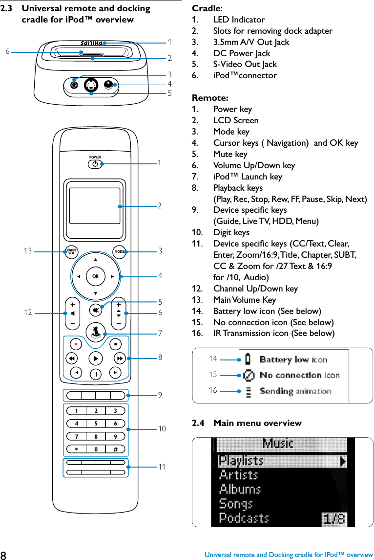 82.3  Universal remote and docking      cradle for iPod™ overview Cradle:1.   LED Indicator2.   Slots for removing dock adapter  3.   3.5mm A/V Out Jack4.   DC Power Jack5.   S-Video Out Jack6.   iPod™connector Remote:1.   Power key2.   LCD Screen3.   Mode key 4.   Cursor keys ( Navigation)  and OK key5.   Mute key6.   Volume Up/Down key7.   iPod™ Launch key  8.    Playback keys  (Play, Rec, Stop, Rew, FF, Pause, Skip, Next)9.    Device speciﬁc keys  (Guide, Live TV, HDD, Menu)10.  Digit keys11.   Device speciﬁc keys (CC/Text, Clear,  Enter, Zoom/16:9, Title, Chapter, SUBT,  CC &amp; Zoom for /27 Text &amp; 16:9  for /10,  Audio) 12.  Channel Up/Down key13.  Main Volume Key14.  Battery low icon (See below)15.  No connection icon (See below)16.  IR Transmission icon (See below)2.4  Main menu overview 162345123456789*0 #OKMAINVOL MODEPOWER12341356127891011Universal remote and Docking cradle for IPod™ overview141516