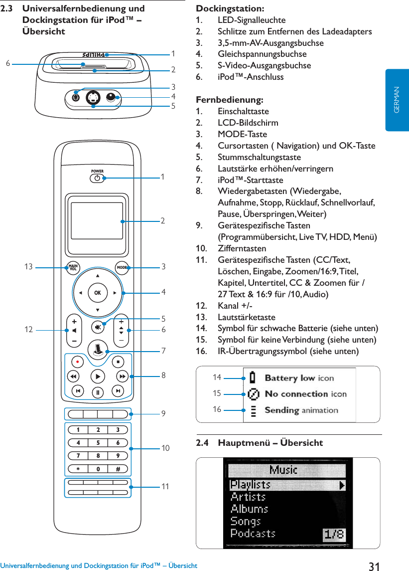 31GERMAN2.3  Universalfernbedienung und Dockingstation für iPod™ – ÜbersichtDockingstation: ,%$3IGNALLEUCHTE 3CHLITZEZUM%NTFERNENDES,ADEADAPTERS3.   3,5-mm-AV-Ausgangsbuchse &apos;LEICHSPANNUNGSBUCHSE5.   S-Video-Ausgangsbuchse6.   iPod™-Anschluss Fernbedienung:1.   Einschalttaste ,#$&quot;ILDSCHIRM3.   MODE-Taste 4.   Cursortasten ( Navigation) und OK-Taste5.   Stummschaltungstaste ,AUTSTËRKEERHÚHENVERRINGERN7.   iPod™-Starttaste 8.    Wiedergabetasten (Wiedergabe, Aufnahme, Stopp, Rücklauf, Schnellvorlauf, Pause, Überspringen, Weiter) &apos;ERËTESPEZIlSCHE4ASTEN0ROGRAMMàBERSICHT,IVE46($$-ENà10. Zifferntasten &apos;ERËTESPEZIlSCHE4ASTEN##4EXT,ÚSCHEN%INGABE:OOMEN4ITELKapitel, Untertitel, CC &amp; Zoomen für /27 Text &amp; 16:9 für /10, Audio)  +ANAL ,AUTSTËRKETASTE14. Symbol für schwache Batterie (siehe unten)15. Symbol für keine Verbindung (siehe unten)16. IR-Übertragungssymbol (siehe unten)1415162.4 Hauptmenü – Übersicht 162345123456789*0#OKMAINVOL MODEPOWER12341356127891011Universalfernbedienung und Dockingstation für iPod™ – Übersicht