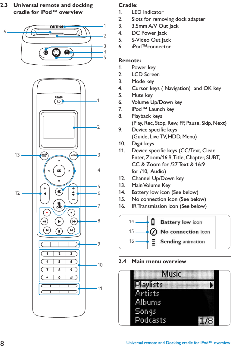 82.3 Universal remote and docking      cradle for iPod™ overview Cradle: ,%$)NDICATOR2.   Slots for removing dock adapter  3.   3.5mm A/V Out Jack4.   DC Power Jack5.   S-Video Out Jack6.   iPod™connector Remote:1.   Power key ,#$3CREEN3.   Mode key 4.   Cursor keys ( Navigation)  and OK key5.   Mute key6.   Volume Up/Down key I0OD©,AUNCHKEY8.    Playback keys (Play, Rec, Stop, Rew, FF, Pause, Skip, Next)9.    Device speciﬁc keys &apos;UIDE,IVE46($$-ENU10. Digit keys11.  Device speciﬁc keys (CC/Text, Clear, Enter, Zoom/16:9, Title, Chapter, SUBT, CC &amp; Zoom for /27 Text &amp; 16:9 for /10,  Audio) 12. Channel Up/Down key13. Main Volume  Key14. Battery low icon (See below)15. No connection icon (See below)16. IR Transmission icon (See below)2.4 Main menu overview 162345123456789*0#OKMAINVOL MODEPOWER12341356127891011Universal remote and Docking cradle for IPod™ overview141516