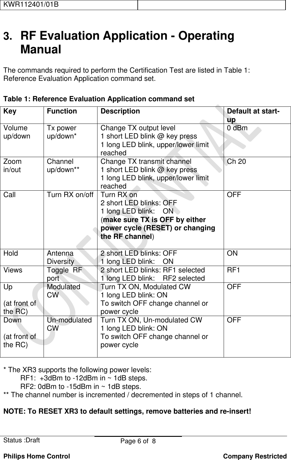 KWR112401/01B    Status :Draft  Page 6 of  8  Philips Home Control   Company Restricted 3.  RF Evaluation Application - Operating Manual  The commands required to perform the Certification Test are listed in Table 1: Reference Evaluation Application command set.  Table 1: Reference Evaluation Application command set Key   Function  Description Default at start-up Volume up/down  Tx power up/down*  Change TX output level  1 short LED blink @ key press 1 long LED blink, upper/lower limit reached 0 dBm Zoom in/out  Channel up/down**  Change TX transmit channel 1 short LED blink @ key press 1 long LED blink, upper/lower limit reached Ch 20 Call  Turn RX on/off  Turn RX on   2 short LED blinks: OFF 1 long LED blink:    ON  (make sure TX is OFF by either power cycle (RESET) or changing the RF channel)  OFF Hold Antenna Diversity  2 short LED blinks: OFF 1 long LED blink:    ON  ON Views Toggle  RF port  2 short LED blinks: RF1 selected 1 long LED blink:    RF2 selected  RF1 Up  (at front of the RC) Modulated CW   Turn TX ON, Modulated CW 1 long LED blink: ON To switch OFF change channel or power cycle OFF Down  (at front of the RC)  Un-modulated CW  Turn TX ON, Un-modulated CW 1 long LED blink: ON To switch OFF change channel or power cycle OFF  * The XR3 supports the following power levels: RF1:  +3dBm to -12dBm in ~ 1dB steps.  RF2: 0dBm to -15dBm in ~ 1dB steps. ** The channel number is incremented / decremented in steps of 1 channel.  NOTE: To RESET XR3 to default settings, remove batteries and re-insert!  