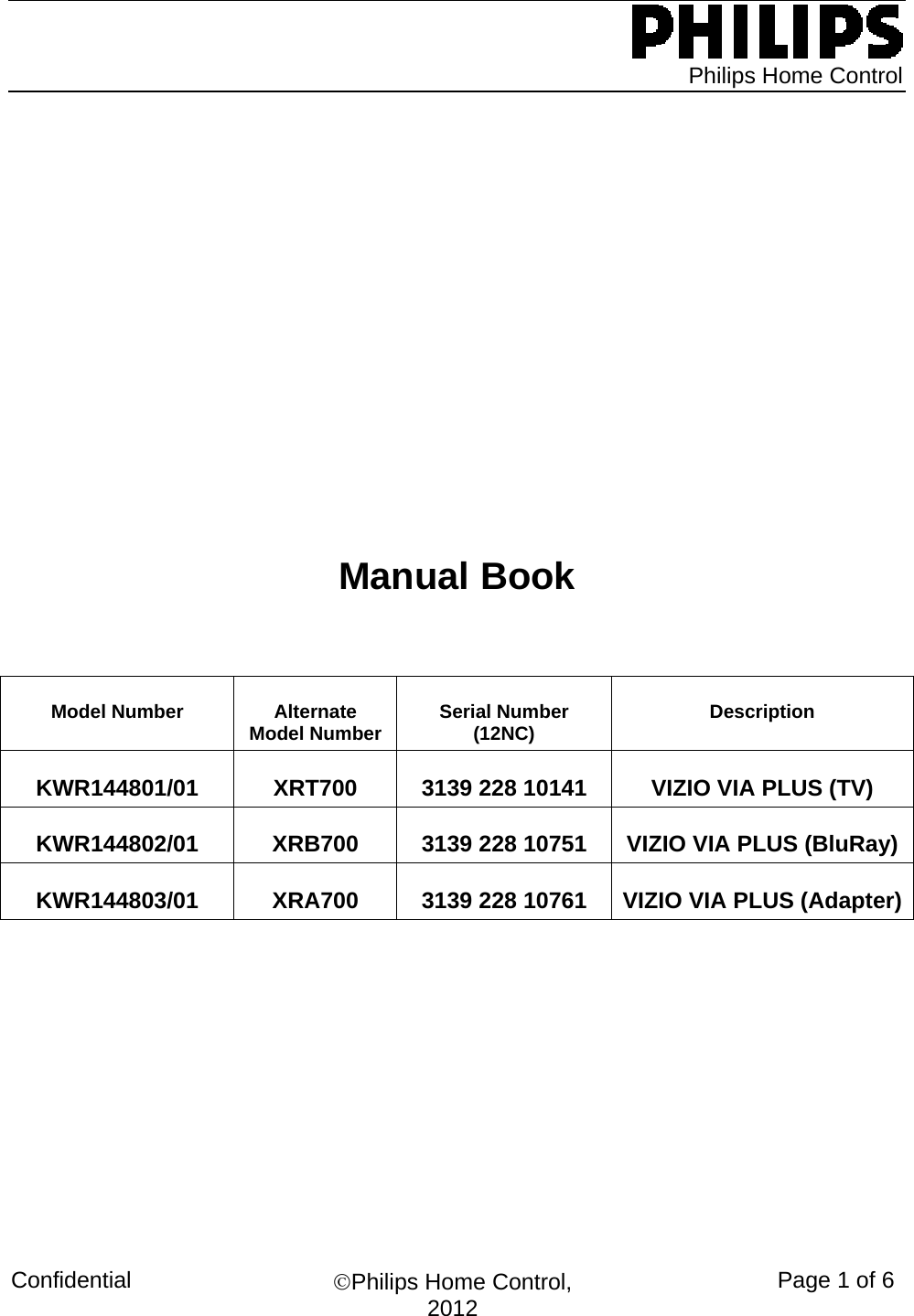   Philips Home Control Confidential  ©Philips Home Control, 2012 Page 1 of 6       Manual Book   Model Number  Alternate Model Number  Serial Number (12NC)  Description KWR144801/01  XRT700  3139 228 10141  VIZIO VIA PLUS (TV) KWR144802/01  XRB700  3139 228 10751  VIZIO VIA PLUS (BluRay) KWR144803/01  XRA700  3139 228 10761  VIZIO VIA PLUS (Adapter)                        