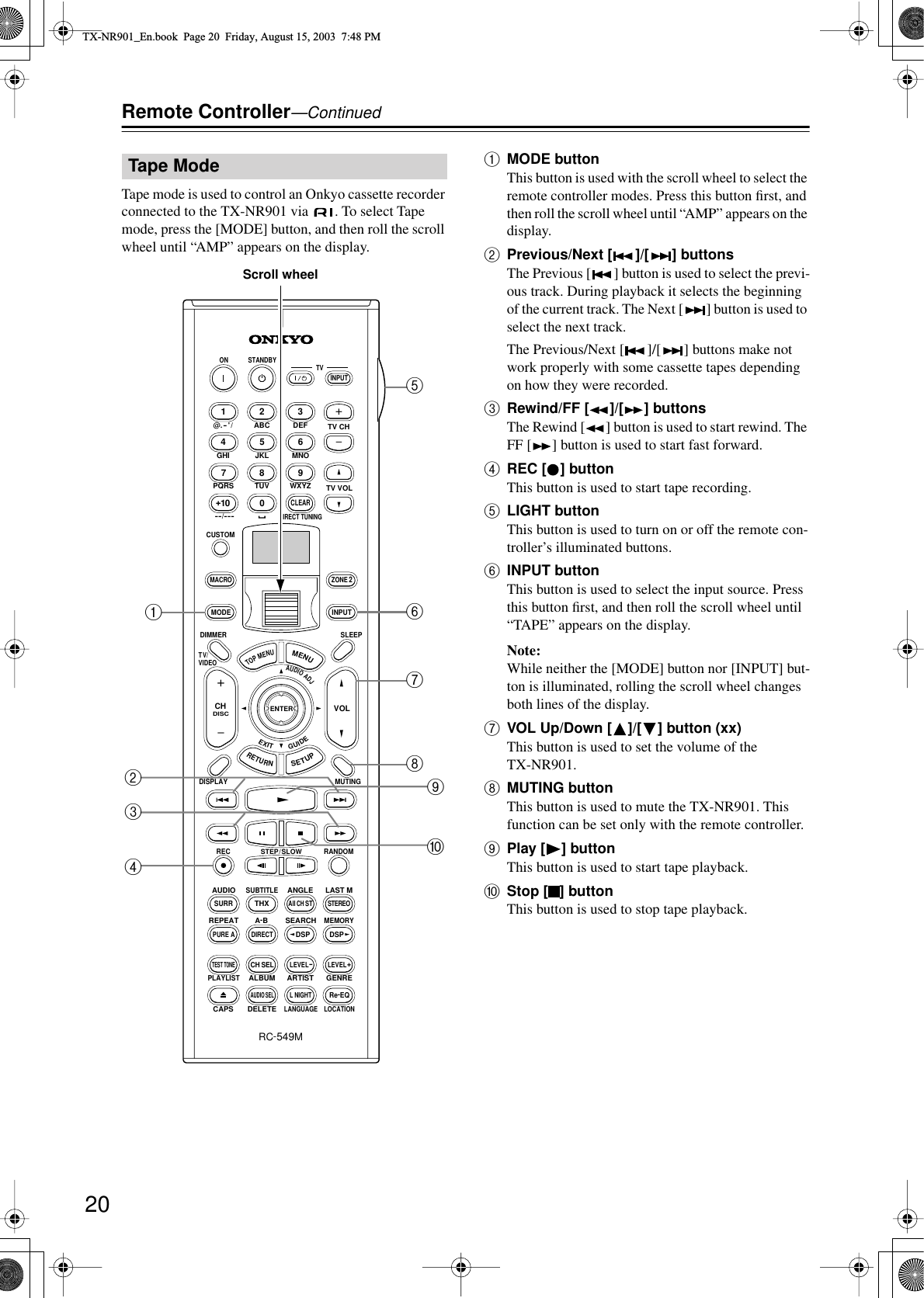20Remote Controller—ContinuedTape mode is used to control an Onkyo cassette recorder connected to the TX-NR901 via  . To select Tape mode, press the [MODE] button, and then roll the scroll wheel until “AMP” appears on the display.AMODE buttonThis button is used with the scroll wheel to select the remote controller modes. Press this button ﬁrst, and then roll the scroll wheel until “AMP” appears on the display.BPrevious/Next [ ]/[ ] buttonsThe Previous [ ] button is used to select the previ-ous track. During playback it selects the beginning of the current track. The Next [ ] button is used to select the next track.The Previous/Next [ ]/[ ] buttons make not work properly with some cassette tapes depending on how they were recorded.CRewind/FF [ ]/[ ] buttonsThe Rewind [ ] button is used to start rewind. The FF [ ] button is used to start fast forward.DREC [ ] buttonThis button is used to start tape recording.ELIGHT buttonThis button is used to turn on or off the remote con-troller’s illuminated buttons.FINPUT buttonThis button is used to select the input source. Press this button ﬁrst, and then roll the scroll wheel until “TAPE” appears on the display.Note:While neither the [MODE] button nor [INPUT] but-ton is illuminated, rolling the scroll wheel changes both lines of the display.GVOL Up/Down [ ]/[ ] button (xx)This button is used to set the volume of the TX-NR901.HMUTING buttonThis button is used to mute the TX-NR901. This function can be set only with the remote controller.IPlay [ ] buttonThis button is used to start tape playback.JStop [ ] buttonThis button is used to stop tape playback.Tape Mode --/---@. - &apos; /ABC DEFPQRS TUV WXYZDIRECT TUNINGGHI JKL MNOCAPS DELETELANGUAGE LOCATIONALBUM AR TIST GENREPLAYLISTCUSTOMDISPLAYDIMMERT V/ VIDEOSLEEPRANDOMRECSTEP / SLOWMUTINGENTERLAST MANGLESUBTITLEAUDIOMEMORYSEARCHA-BREPEATON STANDBY TVTV CHTV VOLRC-549MAUDIOADJEXITGUIDE+10 0CLEAR123456789INPUTTOPMENUMENUSETUPRETURNZONE 2INPUTMODEMACROVOLCHDISCTEST TONECH SELPURE ASURRDIRECTSTEREORe-EQTHXAll CH STLEVEL+LEVEL-L NIGHTAUDIO SELDSP DSP+-+-AEG8F2349JScroll wheelTX-NR901_En.book  Page 20  Friday, August 15, 2003  7:48 PM
