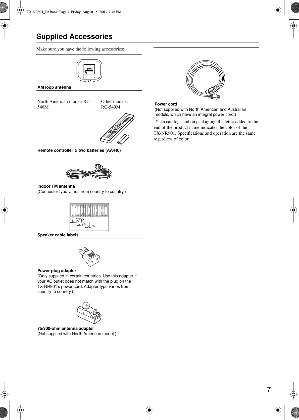  7 Supplied Accessories Make sure you have the following accessories:  * In catalogs and on packaging, the letter added to the end of the product name indicates the color of the TX-NR901. Speciﬁcations and operation are the same regardless of color. AM loop antennaRemote controller &amp; two batteries (AA/R6)Indoor FM antenna (Connector type varies from country to country.) Speaker cable labelsPower-plug adapter (Only supplied in certain countries. Use this adapter if your AC outlet does not match with the plug on the TX-NR901’s power cord. Adapter type varies from country to country.) 75/300-ohm antenna adapter (Not supplied with North American model.)North American model: RC-548MOther models:RC-549MFrontLeftFrontLeftSP-B / Zone 2LeftSP-B / Zone 2LeftSurroundRightSurroundRightSurround BackRightSurround BackRightZone 2RightZone 2RightFrontLeftFrontLeftSP-B / Zone 2LeftSP-B / Zone 2LeftFrontRightFrontRightSP-B / Zone 2RightSP-B / Zone 2RightFrontRightFrontRightSP-B / Zone 2RightSP-B / Zone 2RightSurroundRightSurroundRightCenterCenterCenterCenterSurroundLeftSurroundLeftSurroundLeftSurroundLeftSurround BackRightSurround BackRightZone 2RightZone 2RightSurround BackLeftSurround BackLeftZone 2LeftZone 2LeftSurround BackLeftSurround BackLeftZone 2LeftZone 2Left123Speaker Cable Power cord (Not supplied with North American and Australian models, which have an integral power cord.) TX-NR901_En.book  Page 7  Friday, August 15, 2003  7:48 PM
