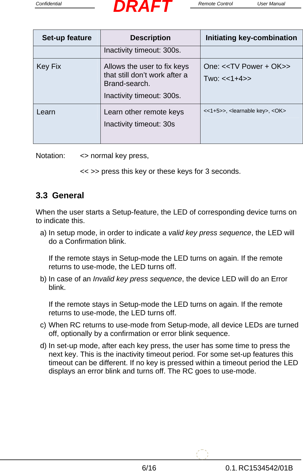Confidential                                                                                                    Remote Control  User Manual  6/16 0.1, RC1534542/01B DRAFTSet-up feature  Description  Initiating key-combinationInactivity timeout: 300s. Key Fix   Allows the user to fix keys that still don’t work after a Brand-search. Inactivity timeout: 300s. One: &lt;&lt;TV Power + OK&gt;&gt; Two: &lt;&lt;1+4&gt;&gt; Learn  Learn other remote keys Inactivity timeout: 30s &lt;&lt;1+5&gt;&gt;, &lt;learnable key&gt;, &lt;OK&gt; Notation:  &lt;&gt; normal key press,      &lt;&lt; &gt;&gt; press this key or these keys for 3 seconds. 3.3 General When the user starts a Setup-feature, the LED of corresponding device turns on to indicate this.  a) In setup mode, in order to indicate a valid key press sequence, the LED will do a Confirmation blink.  If the remote stays in Setup-mode the LED turns on again. If the remote returns to use-mode, the LED turns off. b) In case of an Invalid key press sequence, the device LED will do an Error blink.   If the remote stays in Setup-mode the LED turns on again. If the remote returns to use-mode, the LED turns off. c) When RC returns to use-mode from Setup-mode, all device LEDs are turned off, optionally by a confirmation or error blink sequence. d) In set-up mode, after each key press, the user has some time to press the next key. This is the inactivity timeout period. For some set-up features this timeout can be different. If no key is pressed within a timeout period the LED displays an error blink and turns off. The RC goes to use-mode.      