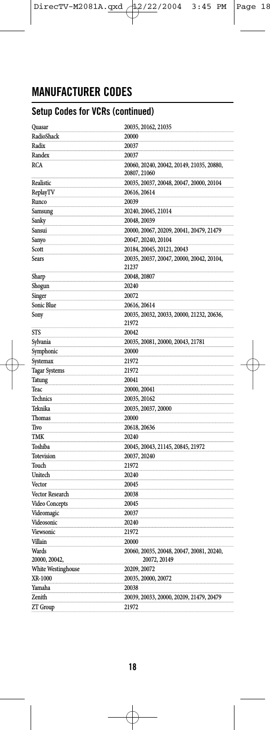 MANUFACTURER CODESSetup Codes for VCRs (continued)Quasar 20035, 20162, 21035RadioShack 20000Radix 20037Randex 20037RCA 20060, 20240, 20042, 20149, 21035, 20880, 20807, 21060Realistic 20035, 20037, 20048, 20047, 20000, 20104ReplayTV 20616, 20614Runco 20039Samsung 20240, 20045, 21014Sanky 20048, 20039Sansui 20000, 20067, 20209, 20041, 20479, 21479Sanyo 20047, 20240, 20104Scott 20184, 20045, 20121, 20043Sears 20035, 20037, 20047, 20000, 20042, 20104, 21237Sharp 20048, 20807Shogun 20240Singer 20072Sonic Blue 20616, 20614Sony 20035, 20032, 20033, 20000, 21232, 20636, 21972STS 20042Sylvania 20035, 20081, 20000, 20043, 21781Symphonic 20000Systemax 21972Tagar Systems 21972Tatung 20041Teac 20000, 20041Technics 20035, 20162Teknika 20035, 20037, 20000Thomas 20000Tivo 20618, 20636TMK 20240Toshiba 20045, 20043, 21145, 20845, 21972Totevision 20037, 20240Touch 21972Unitech 20240Vector 20045Vector Research 20038Video Concepts 20045Videomagic 20037Videosonic 20240Viewsonic 21972Villain 20000Wards 20060, 20035, 20048, 20047, 20081, 20240,20000, 20042,  20072, 20149White Westinghouse 20209, 20072XR-1000 20035, 20000, 20072Yamaha 20038Zenith 20039, 20033, 20000, 20209, 21479, 20479ZT Group 2197218DirecTV-M2081A.qxd  12/22/2004  3:45 PM  Page 18