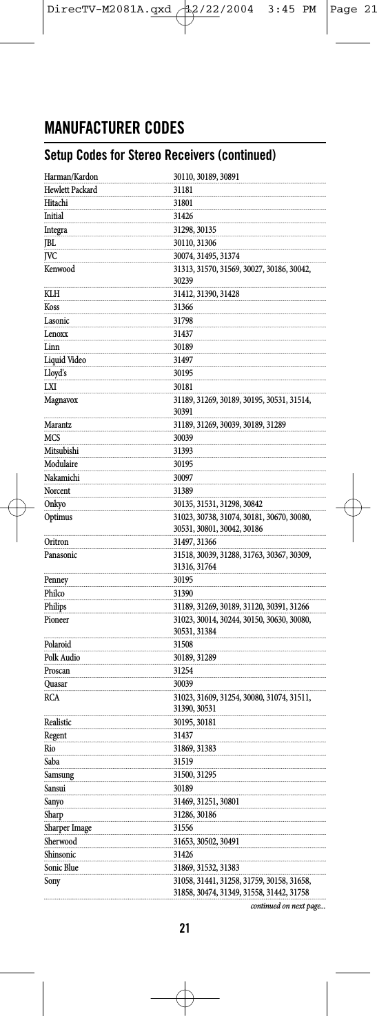 MANUFACTURER CODESSetup Codes for Stereo Receivers (continued)Harman/Kardon 30110, 30189, 30891Hewlett Packard 31181Hitachi 31801Initial 31426Integra 31298, 30135JBL 30110, 31306JVC 30074, 31495, 31374Kenwood 31313, 31570, 31569, 30027, 30186, 30042, 30239KLH 31412, 31390, 31428Koss 31366Lasonic 31798Lenoxx 31437Linn 30189Liquid Video 31497Lloyd&apos;s 30195LXI 30181Magnavox 31189, 31269, 30189, 30195, 30531, 31514, 30391Marantz  31189, 31269, 30039, 30189, 31289MCS 30039Mitsubishi 31393Modulaire 30195Nakamichi 30097Norcent 31389Onkyo 30135, 31531, 31298, 30842Optimus 31023, 30738, 31074, 30181, 30670, 30080, 30531, 30801, 30042, 30186Oritron 31497, 31366Panasonic 31518, 30039, 31288, 31763, 30367, 30309, 31316, 31764Penney 30195Philco 31390Philips 31189, 31269, 30189, 31120, 30391, 31266Pioneer 31023, 30014, 30244, 30150, 30630, 30080, 30531, 31384Polaroid 31508Polk Audio 30189, 31289Proscan 31254Quasar 30039RCA 31023, 31609, 31254, 30080, 31074, 31511, 31390, 30531Realistic 30195, 30181Regent 31437Rio 31869, 31383Saba 31519Samsung 31500, 31295Sansui 30189Sanyo 31469, 31251, 30801Sharp 31286, 30186Sharper Image 31556Sherwood 31653, 30502, 30491Shinsonic 31426Sonic Blue 31869, 31532, 31383Sony 31058, 31441, 31258, 31759, 30158, 31658, 31858, 30474, 31349, 31558, 31442, 31758continued on next page...21DirecTV-M2081A.qxd  12/22/2004  3:45 PM  Page 21