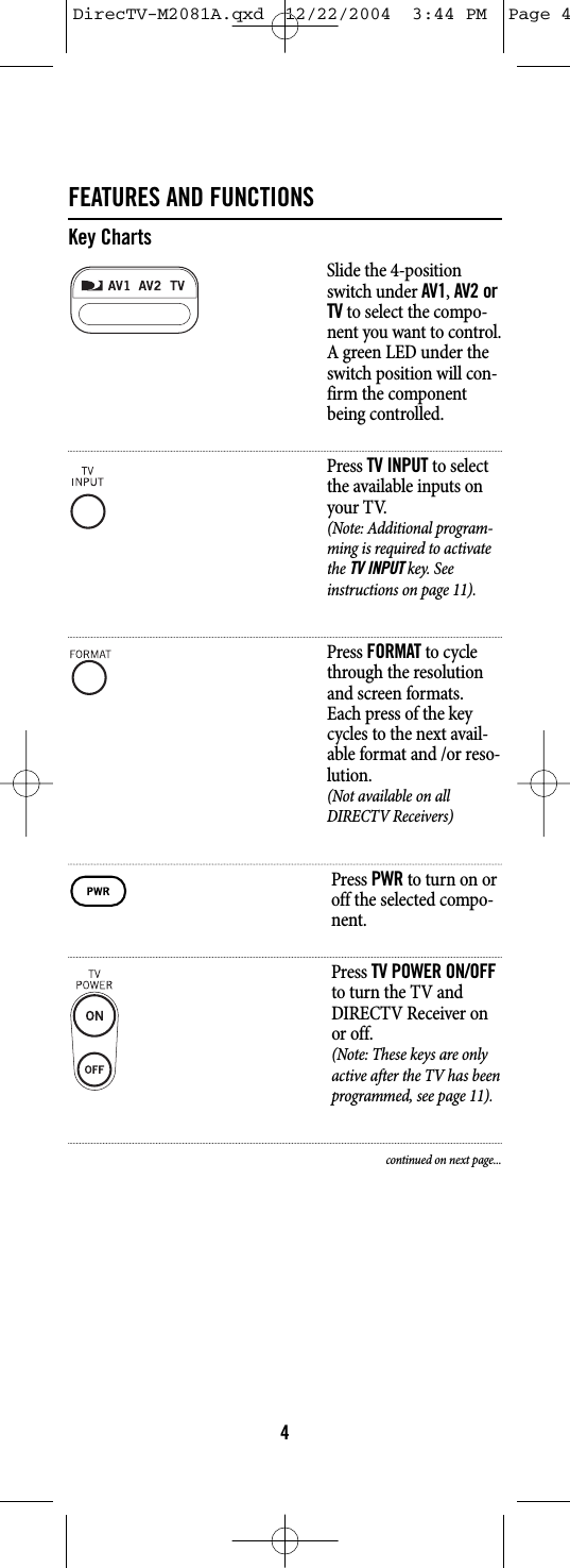 FEATURES AND FUNCTIONSKey ChartsSlide the 4-positionswitch under AV1, AV2 orTVto select the compo-nent you want to control.A green LED under theswitch position will con-firm the componentbeing controlled.Press TV INPUTto selectthe available inputs onyour TV.(Note: Additional program-ming is required to activatethe TV INPUT key. Seeinstructions on page 11).Press FORMATto cyclethrough the resolutionand screen formats.Each press of the keycycles to the next avail-able format and /or reso-lution.(Not available on allDIRECTV Receivers)Press PWRto turn on oroff the selected compo-nent.Press TV POWER ON/OFFto turn the TV andDIRECTV Receiver onor off.(Note: These keys are onlyactive after the TV has beenprogrammed, see page 11).continued on next page...4DirecTV-M2081A.qxd  12/22/2004  3:44 PM  Page 4