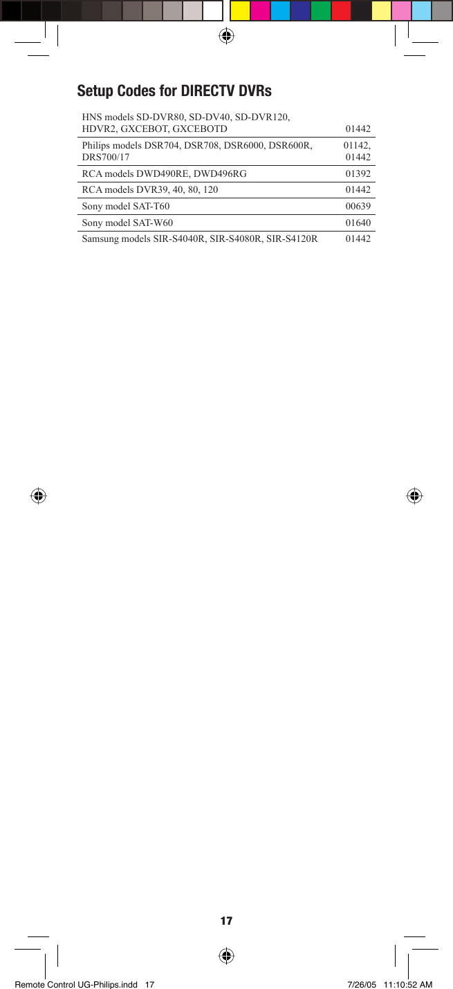 17Setup Codes for DIRECTV DVRs HNS models SD-DVR80, SD-DV40, SD-DVR120, HDVR2, GXCEBOT, GXCEBOTD  01442Philips models DSR704, DSR708, DSR6000, DSR600R, DRS700/17 01142, 01442RCA models DWD490RE, DWD496RG  01392RCA models DVR39, 40, 80, 120  01442 Sony model SAT-T60  00639Sony model SAT-W60 01640Samsung models SIR-S4040R, SIR-S4080R, SIR-S4120R 01442 Remote Control UG-Philips.indd   17Remote Control UG-Philips.indd   17 7/26/05   11:10:52 AM7/26/05   11:10:52 AM