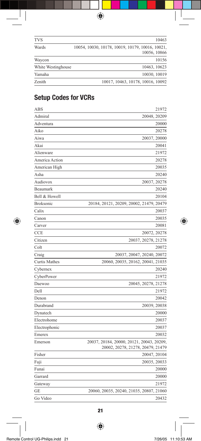 21TVS 10463Wards 10054, 10030, 10178, 10019, 10179, 10016, 10021, 10056, 10866Waycon 10156White Westinghouse 10463, 10623Yamaha 10030, 10019Zenith 10017, 10463, 10178, 10016, 10092Setup Codes for VCRsABS 21972Admiral 20048, 20209Adventura 20000Aiko 20278Aiwa 20037, 20000Akai 20041Alienware 21972America Action 20278American High 20035Asha 20240Audiovox 20037, 20278Beaumark 20240Bell &amp; Howell 20104Broksonic 20184, 20121, 20209, 20002, 21479, 20479Calix 20037Canon 20035Carver 20081CCE 20072, 20278Citizen 20037, 20278, 21278Colt 20072Craig 20037, 20047, 20240, 20072Curtis Mathes 20060, 20035, 20162, 20041, 21035Cybernex 20240CyberPower 21972Daewoo 20045, 20278, 21278Dell 21972Denon 20042Durabrand 20039, 20038Dynatech 20000Electrohome 20037Electrophonic 20037Emerex 20032Emerson 20037, 20184, 20000, 20121, 20043, 20209, 20002, 20278, 21278, 20479, 21479Fisher 20047, 20104Fuji 20035, 20033Funai 20000Garrard 20000Gateway 21972GE 20060, 20035, 20240, 21035, 20807, 21060Go Video 20432Remote Control UG-Philips.indd   21Remote Control UG-Philips.indd   21 7/26/05   11:10:53 AM7/26/05   11:10:53 AM