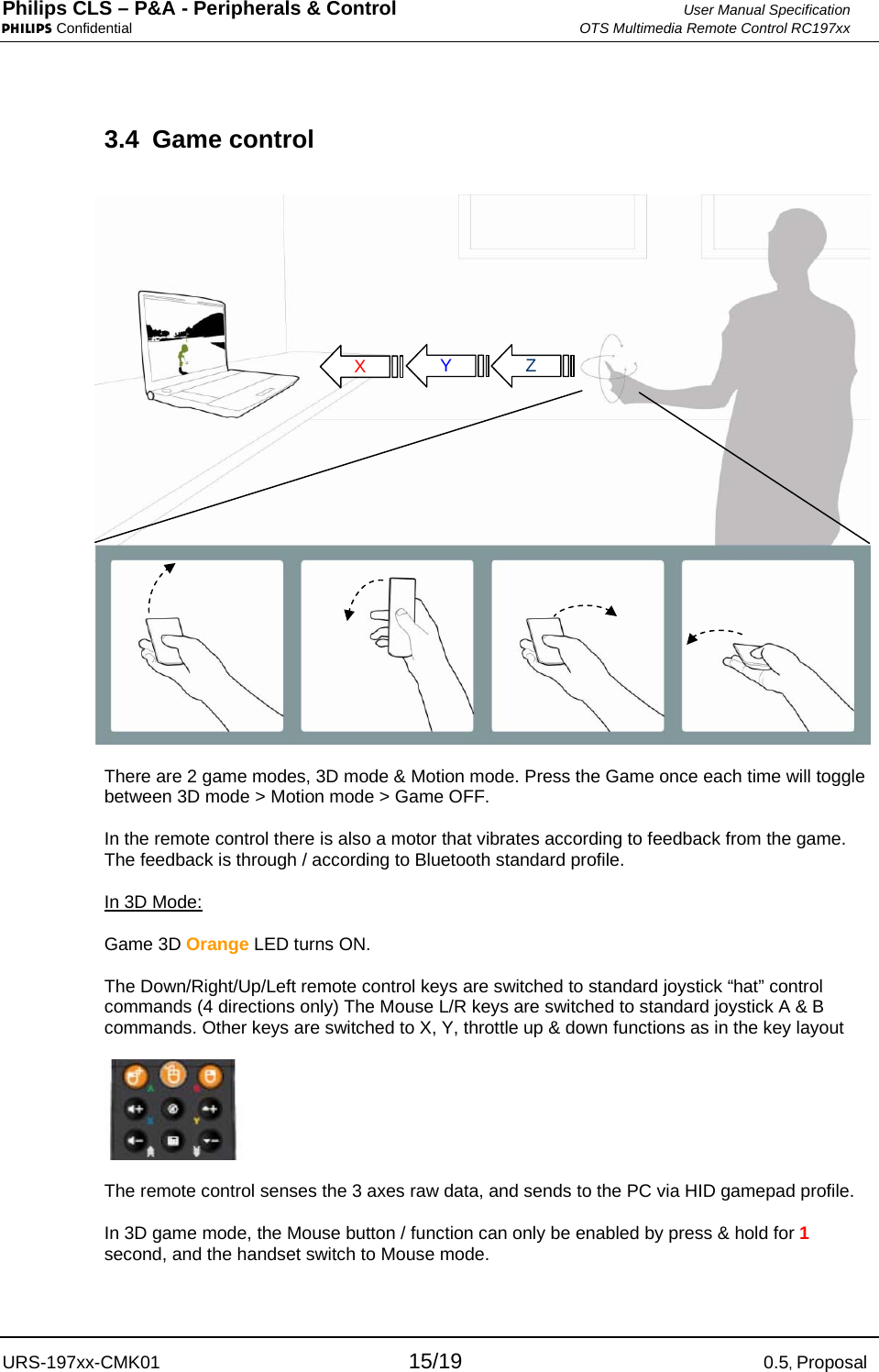 Philips CLS – P&amp;A - Peripherals &amp; Control  User Manual Specification PHILIPS Confidential  OTS Multimedia Remote Control RC197xx URS-197xx-CMK01 15/19 0.5, Proposal 3.4 Game control  There are 2 game modes, 3D mode &amp; Motion mode. Press the Game once each time will toggle between 3D mode &gt; Motion mode &gt; Game OFF. In the remote control there is also a motor that vibrates according to feedback from the game. The feedback is through / according to Bluetooth standard profile. In 3D Mode: Game 3D Orange LED turns ON.  The Down/Right/Up/Left remote control keys are switched to standard joystick “hat” control commands (4 directions only) The Mouse L/R keys are switched to standard joystick A &amp; B commands. Other keys are switched to X, Y, throttle up &amp; down functions as in the key layout   The remote control senses the 3 axes raw data, and sends to the PC via HID gamepad profile. In 3D game mode, the Mouse button / function can only be enabled by press &amp; hold for 1 second, and the handset switch to Mouse mode.  Z Y X 