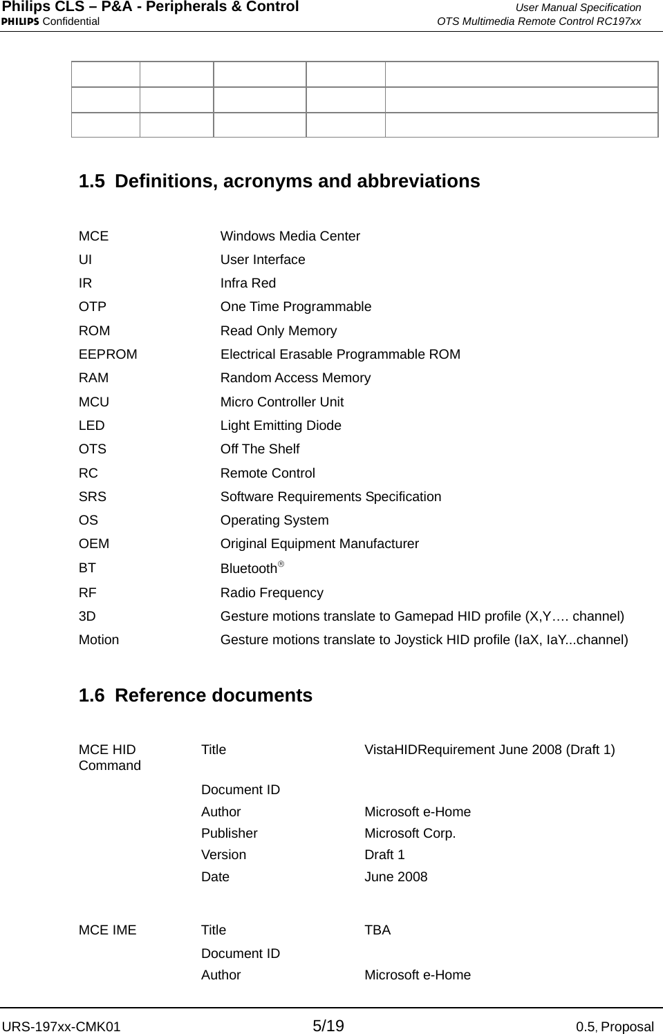 Philips CLS – P&amp;A - Peripherals &amp; Control  User Manual Specification PHILIPS Confidential  OTS Multimedia Remote Control RC197xx URS-197xx-CMK01 5/19 0.5, Proposal                  1.5  Definitions, acronyms and abbreviations  MCE Windows Media Center UI User Interface IR Infra Red OTP One Time Programmable ROM  Read Only Memory EEPROM  Electrical Erasable Programmable ROM RAM Random Access Memory MCU  Micro Controller Unit LED  Light Emitting Diode OTS Off The Shelf RC Remote Control SRS Software Requirements Specification OS Operating System OEM Original Equipment Manufacturer BT  Bluetooth® RF Radio Frequency 3D   Gesture motions translate to Gamepad HID profile (X,Y…. channel) Motion  Gesture motions translate to Joystick HID profile (IaX, IaY...channel) 1.6 Reference documents  MCE HID Command  Title  VistaHIDRequirement June 2008 (Draft 1)  Document ID   Author Microsoft e-Home  Publisher Microsoft Corp.  Version Draft 1  Date  June 2008  MCE IME  Title  TBA  Document ID   Author Microsoft e-Home 