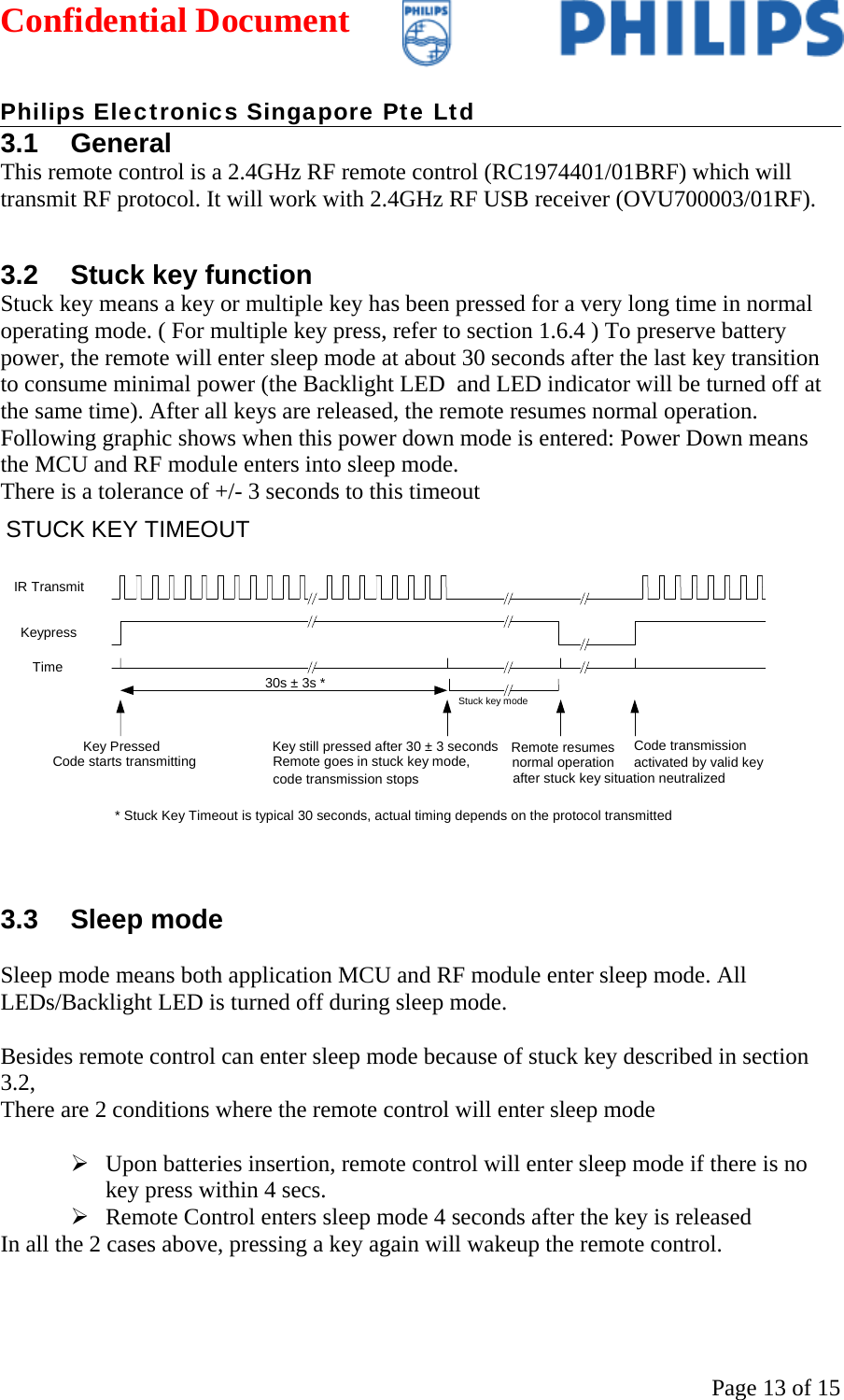 Confidential Document   Philips Electronics Singapore Pte Ltd  Page 13 of 153.1 General This remote control is a 2.4GHz RF remote control (RC1974401/01BRF) which will transmit RF protocol. It will work with 2.4GHz RF USB receiver (OVU700003/01RF).  3.2  Stuck key function  Stuck key means a key or multiple key has been pressed for a very long time in normal operating mode. ( For multiple key press, refer to section 1.6.4 ) To preserve battery power, the remote will enter sleep mode at about 30 seconds after the last key transition to consume minimal power (the Backlight LED  and LED indicator will be turned off at the same time). After all keys are released, the remote resumes normal operation. Following graphic shows when this power down mode is entered: Power Down means the MCU and RF module enters into sleep mode. There is a tolerance of +/- 3 seconds to this timeout  IR Transmit Keypress Time 30s ± 3s *Key Pressed Code starts transmitting Key still pressed after 30 ± 3 secondsRemote goes in stuck key mode,code transmission stopsCode transmission activated by valid key Remote resumesnormal operationafter stuck key situation neutralized STUCK KEY TIMEOUT* Stuck Key Timeout is typical 30 seconds, actual timing depends on the protocol transmitted Stuck key mode  3.3 Sleep mode  Sleep mode means both application MCU and RF module enter sleep mode. All LEDs/Backlight LED is turned off during sleep mode.   Besides remote control can enter sleep mode because of stuck key described in section 3.2, There are 2 conditions where the remote control will enter sleep mode  ¾ Upon batteries insertion, remote control will enter sleep mode if there is no key press within 4 secs. ¾ Remote Control enters sleep mode 4 seconds after the key is released In all the 2 cases above, pressing a key again will wakeup the remote control.  