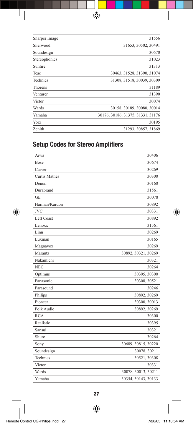 27Sharper Image 31556Sherwood 31653, 30502, 30491Soundesign 30670Stereophonics 31023Sunﬁ re 31313Teac 30463, 31528, 31390, 31074Technics 31308, 31518, 30039, 30309Thorens 31189Venturer 31390Victor 30074Wards 30158, 30189, 30080, 30014Yamaha 30176, 30186, 31375, 31331, 31176Yorx 30195Zenith 31293, 30857, 31869Setup Codes for Stereo Ampliﬁ ersAiwa 30406Bose 30674Carver 30269Curtis Mathes 30300Denon 30160Durabrand 31561GE 30078Harman/Kardon 30892JVC 30331Left Coast 30892Lenoxx 31561Linn 30269Luxman 30165Magnavox 30269Marantz 30892, 30321, 30269Nakamichi 30321NEC 30264Optimus 30395, 30300Panasonic 30308, 30521Parasound 30246Philips 30892, 30269Pioneer 30300, 30013Polk Audio 30892, 30269RCA 30300Realistic 30395Sansui 30321Shure 30264Sony 30689, 30815, 30220Soundesign 30078, 30211Technics 30521, 30308Victor 30331Wards 30078, 30013, 30211Yamaha 30354, 30143, 30133Remote Control UG-Philips.indd   27Remote Control UG-Philips.indd   27 7/26/05   11:10:54 AM7/26/05   11:10:54 AM