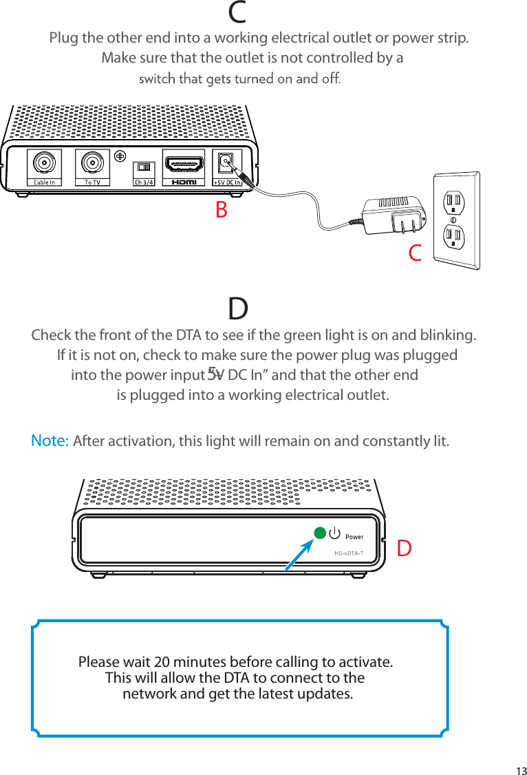 13CPlug the other end into a working electrical outlet or power strip.  Make sure that the outlet is not controlled by a  DCheck the front of the DTA to see if the green light is on and blinking.  If it is not on, check to make sure the power plug was plugged  into the power input “+5V DC In” and that the other end  is plugged into a working electrical outlet.Note: After activation, this light will remain on and constantly lit.BCPlease wait 20 minutes before calling to activate. This will allow the DTA to connect to the network and get the latest updates.D