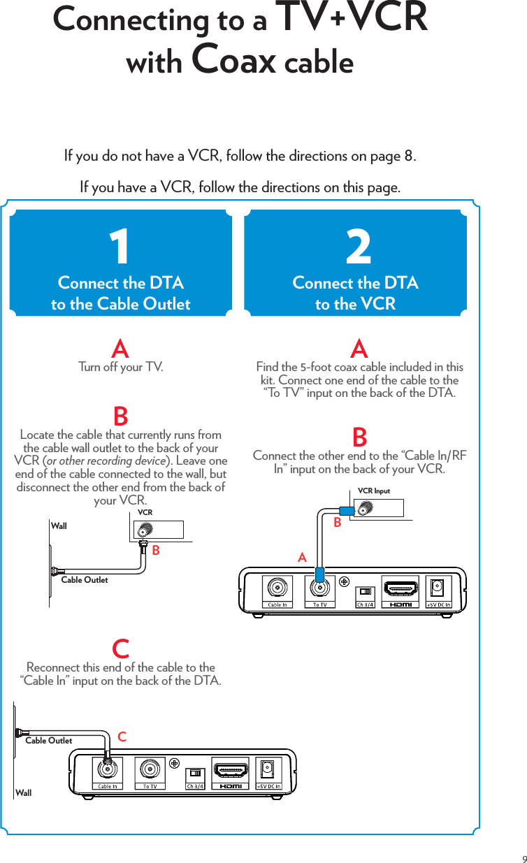 9If you do not have a VCR, follow the directions on page 8. If you have a VCR, follow the directions on this page. Connecting to a TV+VCR with Coax cableAFind the 5-foot coax cable included in this kit. Connect one end of the cable to the “To TV” input on the back of the DTA.BConnect the other end to the “Cable In/RF In” input on the back of your VCR.   ATurn o your TV.BLocate the cable that currently runs from the cable wall outlet to the back of your VCR (or other recording device). Leave one end of the cable connected to the wall, but disconnect the other end from the back of your VCR.CReconnect this end of the cable to the “Cable In” input on the back of the DTA.  Cable OutletWallBVCRConnect the DTAto the Cable OutletConnect the DTAto the VCR12WallCable Outlet CABVCR Input
