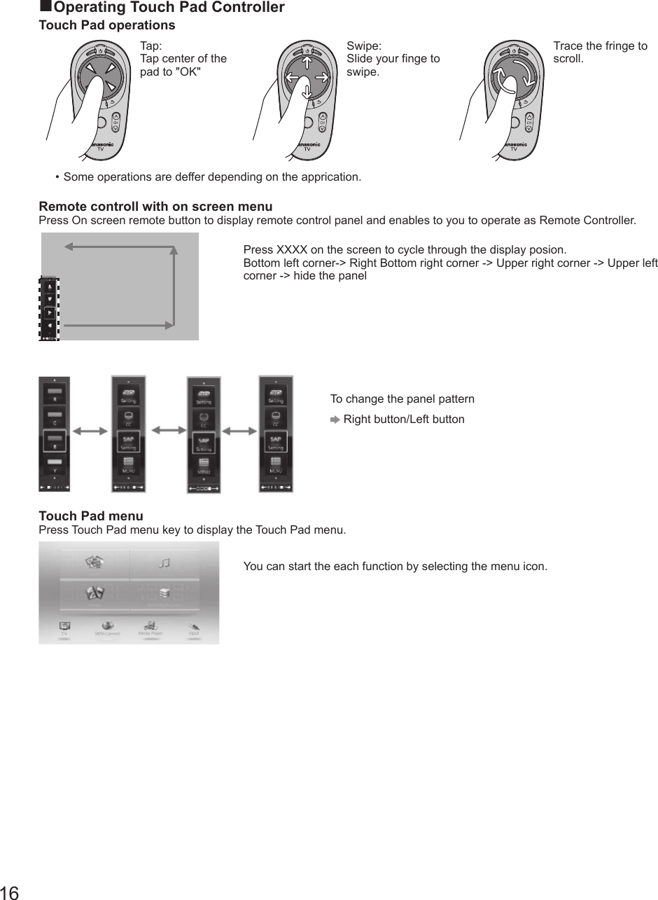 16■Operating Touch Pad ControllerTouch Pad operationsTap:Tap center of the pad to &quot;OK&quot;Swipe:Slide your finge to swipe.Trace the fringe to scroll.• Some operations are deffer depending on the apprication.Remote controll with on screen menuPress On screen remote button to display remote control panel and enables to you to operate as Remote Controller.Press XXXX on the screen to cycle through the display posion. Bottom left corner-&gt; Right Bottom right corner -&gt; Upper right corner -&gt; Upper left corner -&gt; hide the panelTo change the panel pattern Right button/Left buttonTouch Pad menuPress Touch Pad menu key to display the Touch Pad menu.You can start the each function by selecting the menu icon.