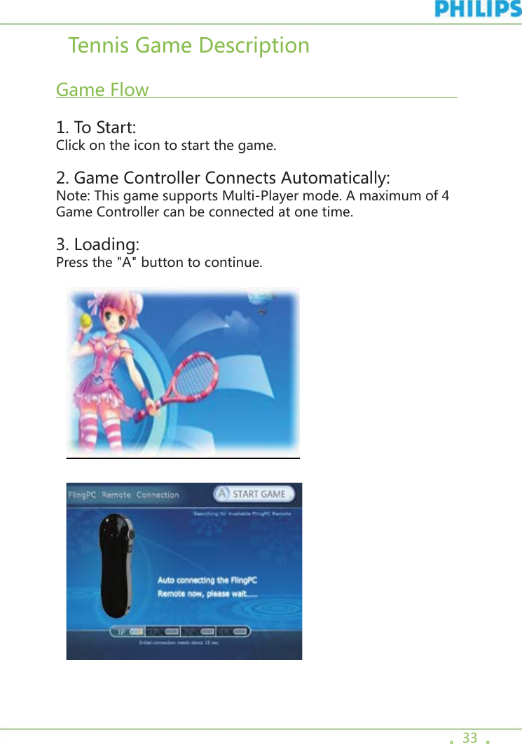 。33  。  Tennis Game Description  Game Flow                                                                   1. To Start:Click on the icon to start the game. 2. Game Controller Connects Automatically:Note: This game supports Multi-Player mode. A maximum of 4 Game Controller can be connected at one time.3. Loading:Press the &quot;A&quot; button to continue.       