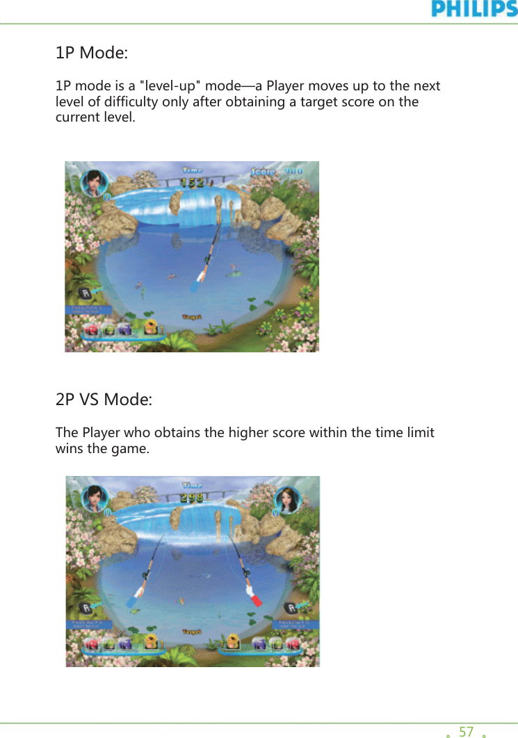 。57  。1P Mode:1P mode is a &quot;level-up&quot; mode—a Player moves up to the next level of difficulty only after obtaining a target score on the current level.   2P VS Mode:The Player who obtains the higher score within the time limit wins the game.  
