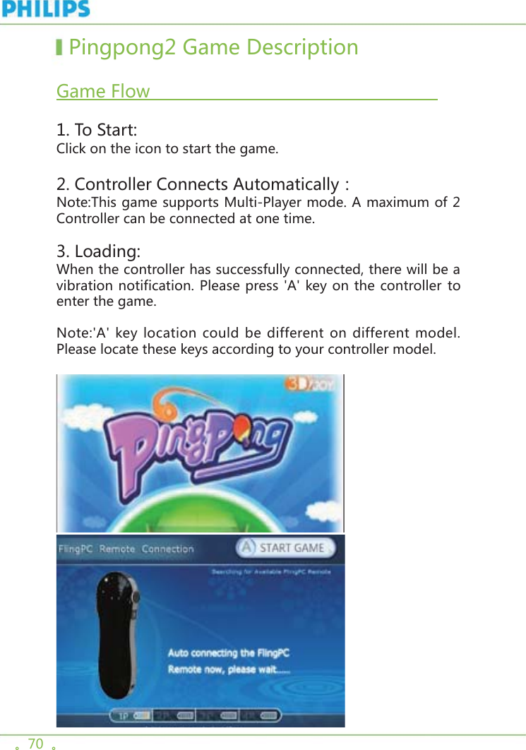 。70  。  Pingpong2 Game Description  Game Flow                                                       1. To Start:Click on the icon to start the game. 2. Controller Connects Automatically：Note:This game supports Multi-Player mode. A maximum of 2 Controller can be connected at one time. 3. Loading:When the controller has successfully connected, there will be a vibration notification. Please press &apos;A&apos; key on the controller to enter the game.Note:&apos;A&apos; key location could be different on different model. Please locate these keys according to your controller model.