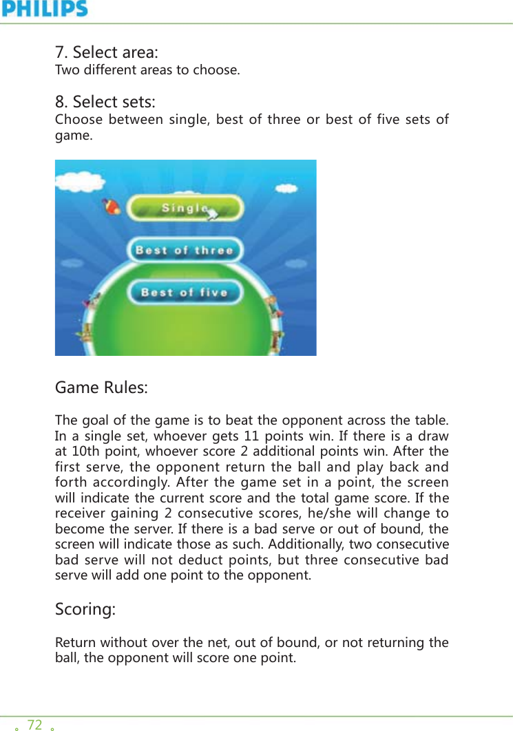 。72  。7. Select area:Two different areas to choose.8. Select sets:Choose between single, best of three or best of five sets of game.   Game Rules:The goal of the game is to beat the opponent across the table. In a single set, whoever gets 11 points win. If there is a draw at 10th point, whoever score 2 additional points win. After the first serve, the opponent return the ball and play back and forth accordingly. After the game set in a point, the screen will indicate the current score and the total game score. If the receiver gaining 2 consecutive scores, he/she will change to become the server. If there is a bad serve or out of bound, the screen will indicate those as such. Additionally, two consecutive bad serve will not deduct points, but three consecutive bad serve will add one point to the opponent.Scoring: Return without over the net, out of bound, or not returning the ball, the opponent will score one point.