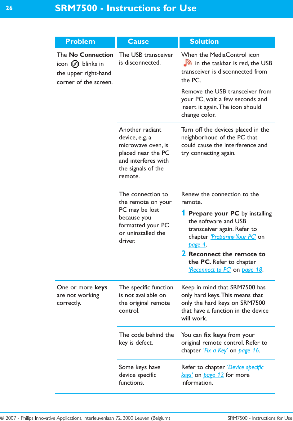 © 2007 - Philips Innovative Applications, Interleuvenlaan 72, 3000 Leuven (Belgium) SRM7500 - Instructions for UseSRM7500 - Instructions for Use26The connection tothe remote on yourPC may be lostbecause youformatted your PCor uninstalled thedriver.Renew the connection to theremote.1Prepare your PC by installingthe software and USBtransceiver again. Refer tochapter ‘Preparing Your  PC’ onpage 4.2Reconnect the remote tothe PC. Refer to chapter‘Reconnect to PC’ on page 18.SolutionCauseProblemOne or more keysare not workingcorrectly.The specific functionis not available onthe original remotecontrol.Keep in mind that SRM7500 hasonly hard keys. This means thatonly the hard keys on SRM7500that have a function in the devicewill work. The code behind thekey is defect.You can fix keys from youroriginal remote control. Refer tochapter ‘Fix a Key’ on page 16.Some keys havedevice specificfunctions.Refer to chapter ‘Device specifickeys’ on page 12 for moreinformation.The No Connectionicon blinks inthe upper right-handcorner of the screen.The USB transceiveris disconnected.When the MediaControl iconin the taskbar is red, the USBtransceiver is disconnected fromthe PC.Remove the USB transceiver fromyour PC, wait a few seconds andinsert it again. The icon shouldchange color.Another radiantdevice, e.g. amicrowave oven, isplaced near the PCand interferes withthe signals of theremote.Turn off the devices placed in theneighborhoud of the PC thatcould cause the interference andtry connecting again.