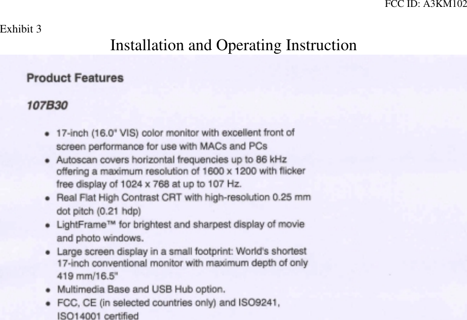 FCC ID: A3KM102  Exhibit 3  Installation and Operating Instruction  