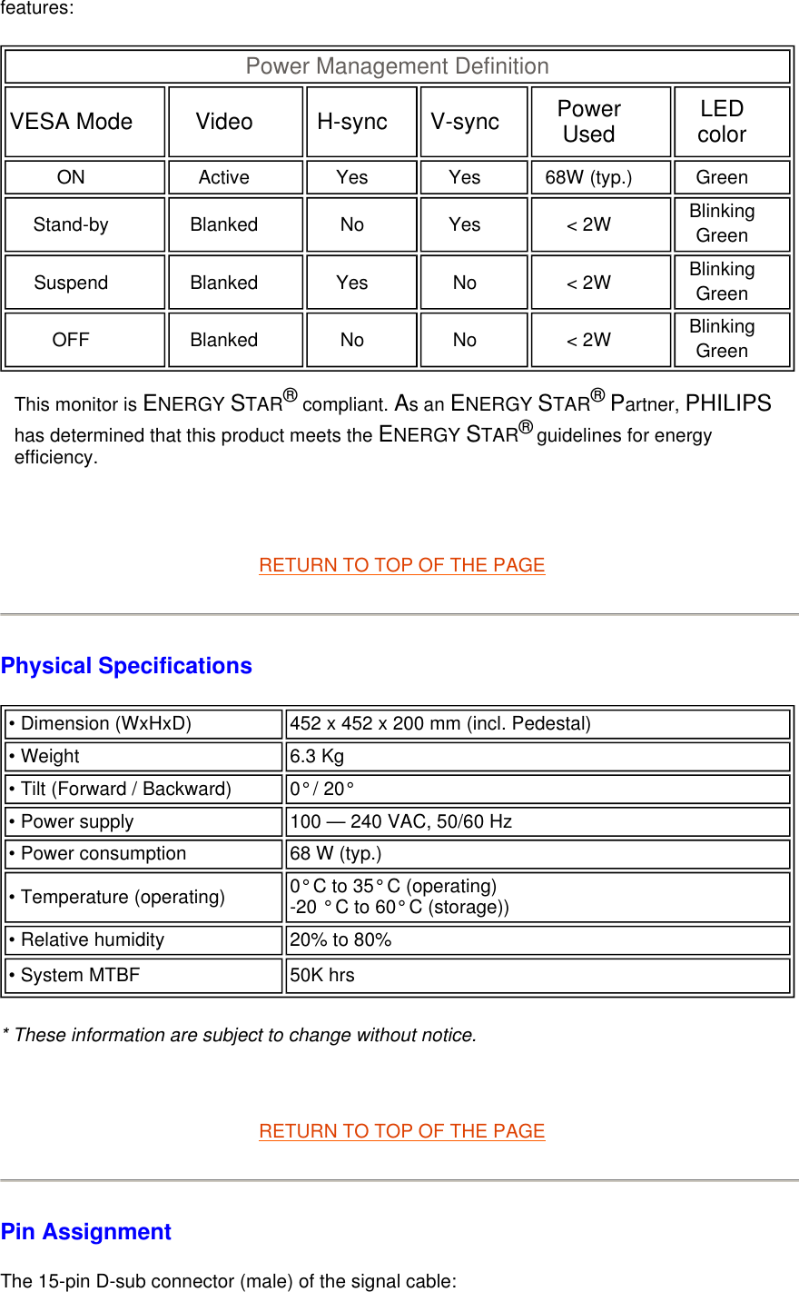 features:       RETURN TO TOP OF THE PAGE Physical Specifications  * These information are subject to change without notice.   RETURN TO TOP OF THE PAGE Pin Assignment The 15-pin D-sub connector (male) of the signal cable:  Power Management Definition  VESA Mode   Video   H-sync   V-sync   Power Used   LED color  ON   Active   Yes   Yes   68W (typ.)   Green  Stand-by   Blanked   No   Yes   &lt; 2W   Blinking Green  Suspend   Blanked   Yes   No   &lt; 2W   Blinking Green  OFF   Blanked   No   No   &lt; 2W   Blinking Green  This monitor is ENERGY STAR® compliant. As an ENERGY STAR® Partner, PHILIPS has determined that this product meets the ENERGY STAR® guidelines for energy efficiency.• Dimension (WxHxD)  452 x 452 x 200 mm (incl. Pedestal) • Weight  6.3 Kg • Tilt (Forward / Backward) 0° / 20°• Power supply 100 — 240 VAC, 50/60 Hz• Power consumption  68 W (typ.)• Temperature (operating) 0° C to 35° C (operating) -20 ° C to 60° C (storage))• Relative humidity  20% to 80%• System MTBF 50K hrs 