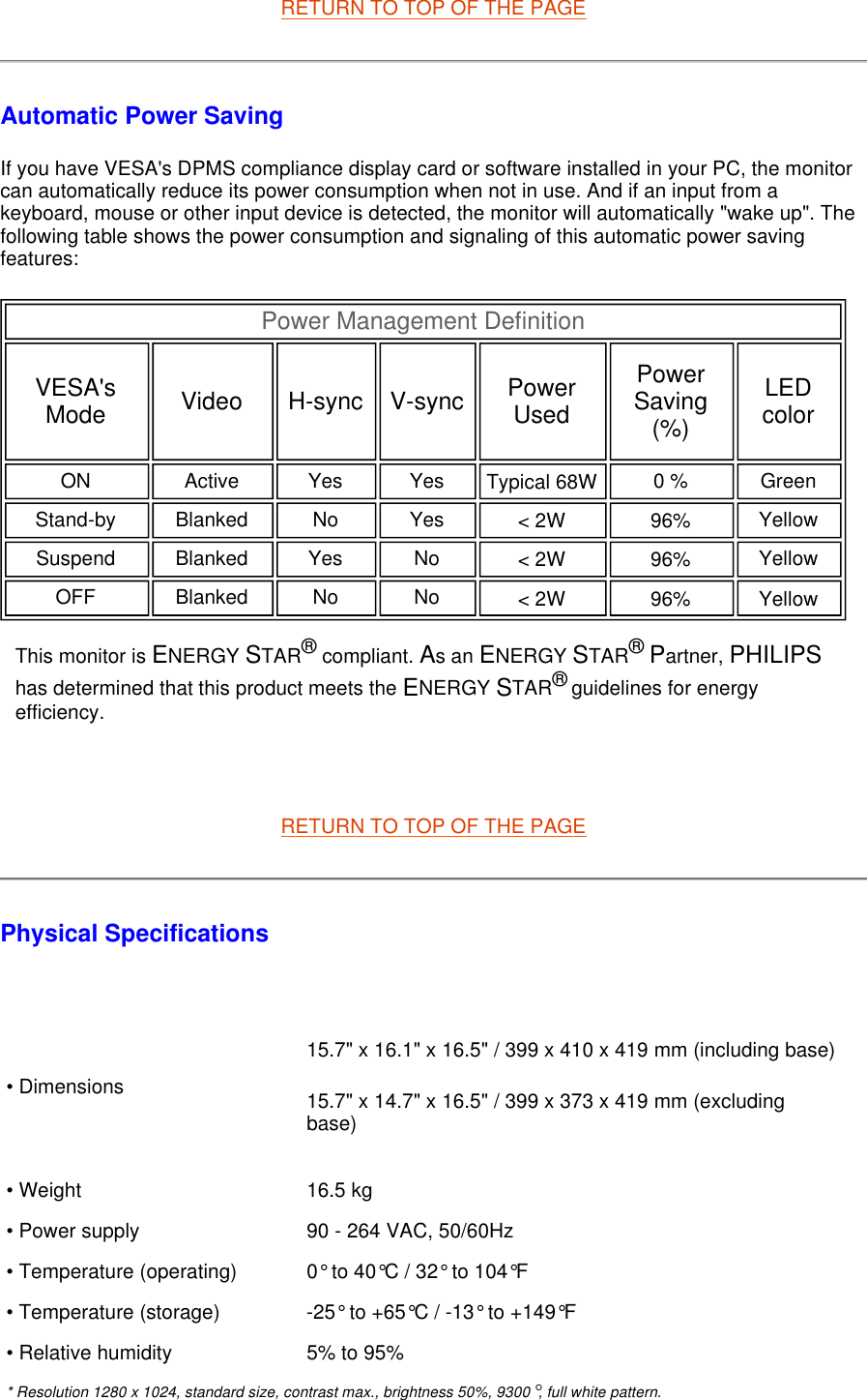   RETURN TO TOP OF THE PAGE Automatic Power Saving If you have VESA&apos;s DPMS compliance display card or software installed in your PC, the monitor can automatically reduce its power consumption when not in use. And if an input from a keyboard, mouse or other input device is detected, the monitor will automatically &quot;wake up&quot;. The following table shows the power consumption and signaling of this automatic power saving features:         RETURN TO TOP OF THE PAGE Physical Specifications    Power Management Definition VESA&apos;s Mode Video H-sync V-sync Power Used Power Saving (%) LED color ON Active Yes Yes Typical 68W 0 % Green Stand-by Blanked No Yes &lt; 2W   96%   Yellow Suspend Blanked Yes No &lt; 2W   96%   Yellow OFF Blanked No No &lt; 2W   96%   Yellow  This monitor is ENERGY STAR® compliant. As an ENERGY STAR® Partner, PHILIPS has determined that this product meets the ENERGY STAR® guidelines for energy efficiency.• Dimensions15.7&quot; x 16.1&quot; x 16.5&quot; / 399 x 410 x 419 mm (including base) 15.7&quot; x 14.7&quot; x 16.5&quot; / 399 x 373 x 419 mm (excluding base) • Weight 16.5 kg• Power supply 90 - 264 VAC, 50/60Hz• Temperature (operating) 0° to 40°C / 32° to 104°F• Temperature (storage) -25° to +65°C / -13° to +149°F• Relative humidity 5% to 95%* Resolution 1280 x 1024, standard size, contrast max., brightness 50%, 9300°, full white pattern.