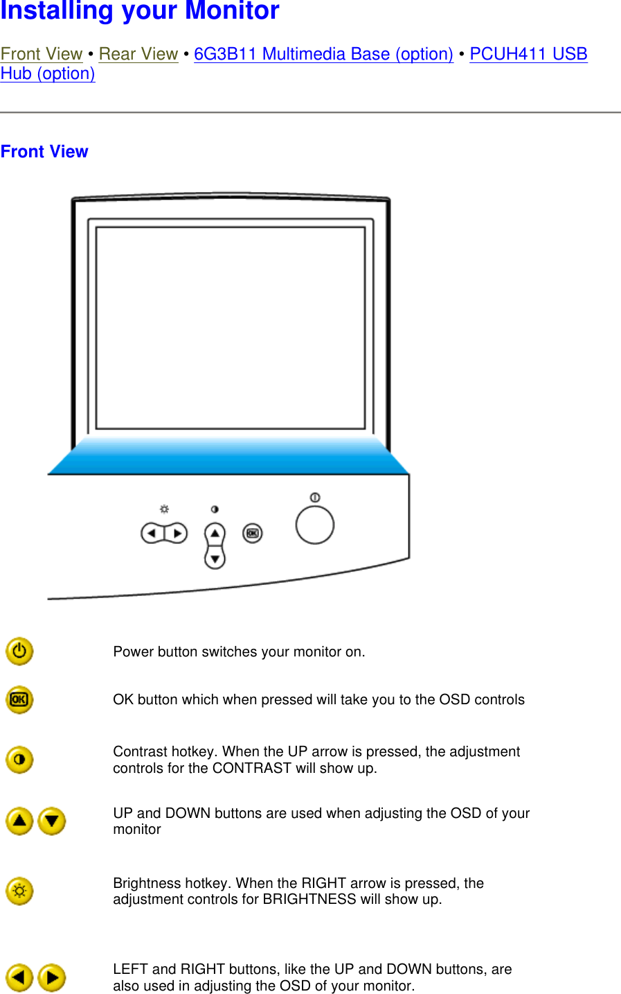 Installing your Monitor Front View • Rear View • 6G3B11 Multimedia Base (option) • PCUH411 USB Hub (option)  Front View  Power button switches your monitor on.OK button which when pressed will take you to the OSD controlsContrast hotkey. When the UP arrow is pressed, the adjustment controls for the CONTRAST will show up.UP and DOWN buttons are used when adjusting the OSD of your monitorBrightness hotkey. When the RIGHT arrow is pressed, the adjustment controls for BRIGHTNESS will show up.LEFT and RIGHT buttons, like the UP and DOWN buttons, are also used in adjusting the OSD of your monitor.