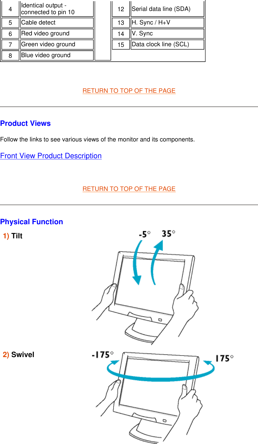   RETURN TO TOP OF THE PAGE Product Views Follow the links to see various views of the monitor and its components. Front View Product Description   RETURN TO TOP OF THE PAGE Physical Function 4   Identical output - connected to pin 10 12   Serial data line (SDA)5   Cable detect 13   H. Sync / H+V6   Red video ground 14   V. Sync 7   Green video ground 15   Data clock line (SCL)8   Blue video ground1) Tilt             2) Swivel           