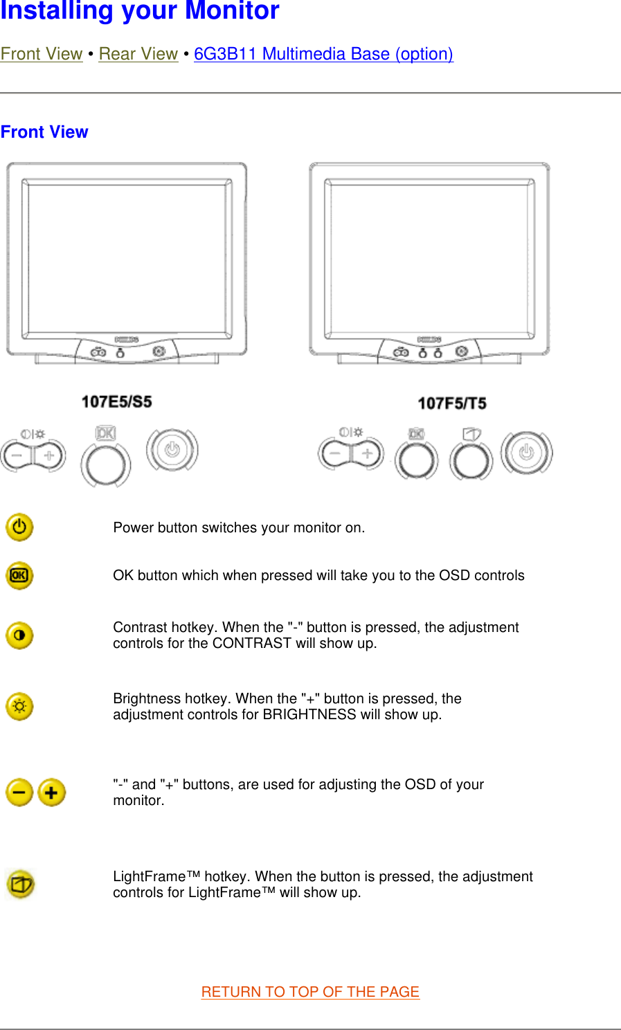 Installing your Monitor Front View • Rear View • 6G3B11 Multimedia Base (option) Front View    RETURN TO TOP OF THE PAGE Power button switches your monitor on.OK button which when pressed will take you to the OSD controlsContrast hotkey. When the &quot;-&quot; button is pressed, the adjustment controls for the CONTRAST will show up.Brightness hotkey. When the &quot;+&quot; button is pressed, the adjustment controls for BRIGHTNESS will show up.&quot;-&quot; and &quot;+&quot; buttons, are used for adjusting the OSD of your monitor.LightFrame™ hotkey. When the button is pressed, the adjustment controls for LightFrame™ will show up.