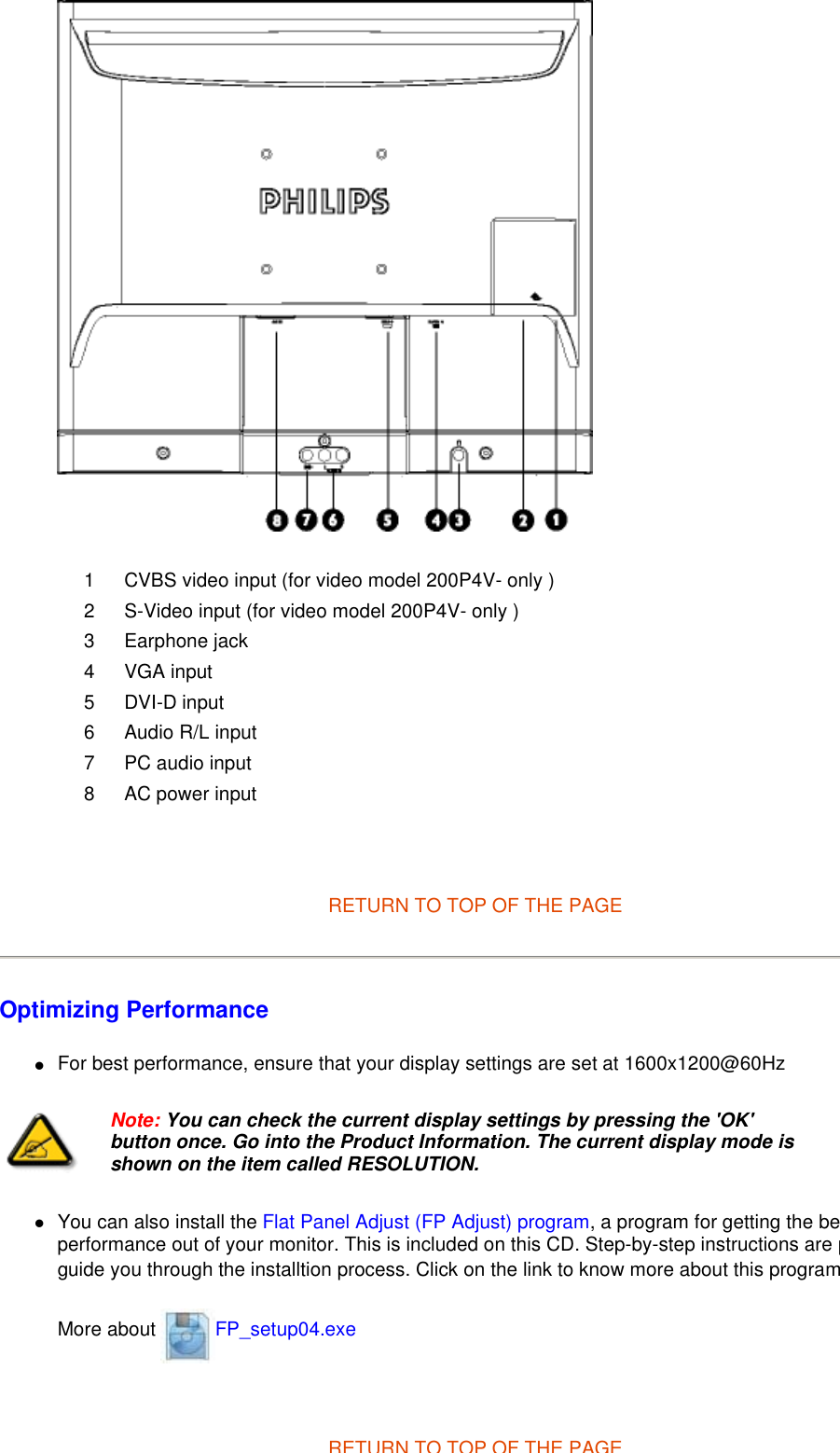        RETURN TO TOP OF THE PAGE  Optimizing Performance  zFor best performance, ensure that your display settings are set at 1600x1200@60Hz  zYou can also install the Flat Panel Adjust (FP Adjust) program, a program for getting the beperformance out of your monitor. This is included on this CD. Step-by-step instructions are pguide you through the installtion process. Click on the link to know more about this programMore about  FP_setup04.exe   RETURN TO TOP OF THE PAGE1 CVBS video input (for video model 200P4V- only )2 S-Video input (for video model 200P4V- only )3 Earphone jack 4 VGA input5 DVI-D input6 Audio R/L input7 PC audio input8 AC power inputNote: You can check the current display settings by pressing the &apos;OK&apos; button once. Go into the Product Information. The current display mode is shown on the item called RESOLUTION.    