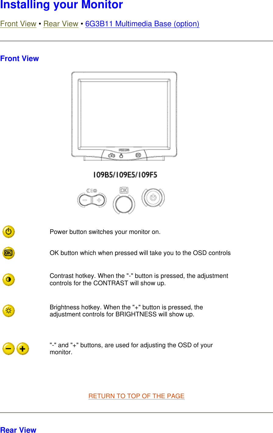 Installing your Monitor Front View • Rear View • 6G3B11 Multimedia Base (option) Front View    RETURN TO TOP OF THE PAGE Rear View  Power button switches your monitor on.OK button which when pressed will take you to the OSD controlsContrast hotkey. When the &quot;-&quot; button is pressed, the adjustment controls for the CONTRAST will show up.Brightness hotkey. When the &quot;+&quot; button is pressed, the adjustment controls for BRIGHTNESS will show up.&quot;-&quot; and &quot;+&quot; buttons, are used for adjusting the OSD of your monitor.