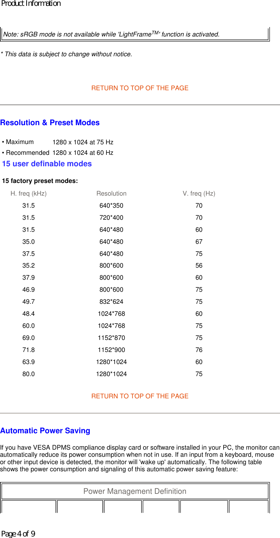 * This data is subject to change without notice.   RETURN TO TOP OF THE PAGE Resolution &amp; Preset Modes RETURN TO TOP OF THE PAGE  Automatic Power Saving If you have VESA DPMS compliance display card or software installed in your PC, the monitor can automatically reduce its power consumption when not in use. If an input from a keyboard, mouse or other input device is detected, the monitor will &apos;wake up&apos; automatically. The following table shows the power consumption and signaling of this automatic power saving feature:  Note: sRGB mode is not available while &apos;LightFrameTM&apos; function is activated. • Maximum 1280 x 1024 at 75 Hz • Recommended  1280 x 1024 at 60 Hz15 user definable modes 15 factory preset modes: H. freq (kHz) Resolution V. freq (Hz) 31.5 640*350 70 31.5 720*400 70 31.5 640*480 60 35.0 640*480 67 37.5 640*480 75 35.2 800*600 56 37.9 800*600 60 46.9 800*600 75 49.7 832*624 75 48.4 1024*768 60 60.0 1024*768 75 69.0 1152*870 75 71.8 1152*900 76 63.9 1280*1024 60 80.0 1280*1024 75 Power Management Definition  Product InformationPage 4 of 9