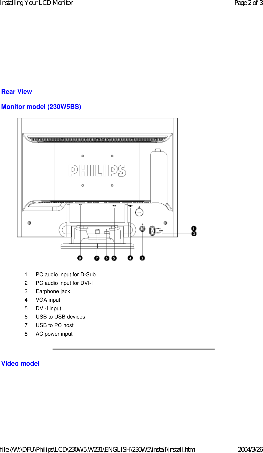 Rear View Monitor model (230W5BS)    Video model 1 PC audio input for D-Sub 2 PC audio input for DVI-I3 Earphone jack 4 VGA input5 DVI-I input6 USB to USB devices7 USB to PC host8 AC power inputPage 2 of 3Installing Your LCD Monitor2004/3/26file://W:\DFU\Philips\LCD\230W5.W231\ENGLISH\230W5\install\install.htm