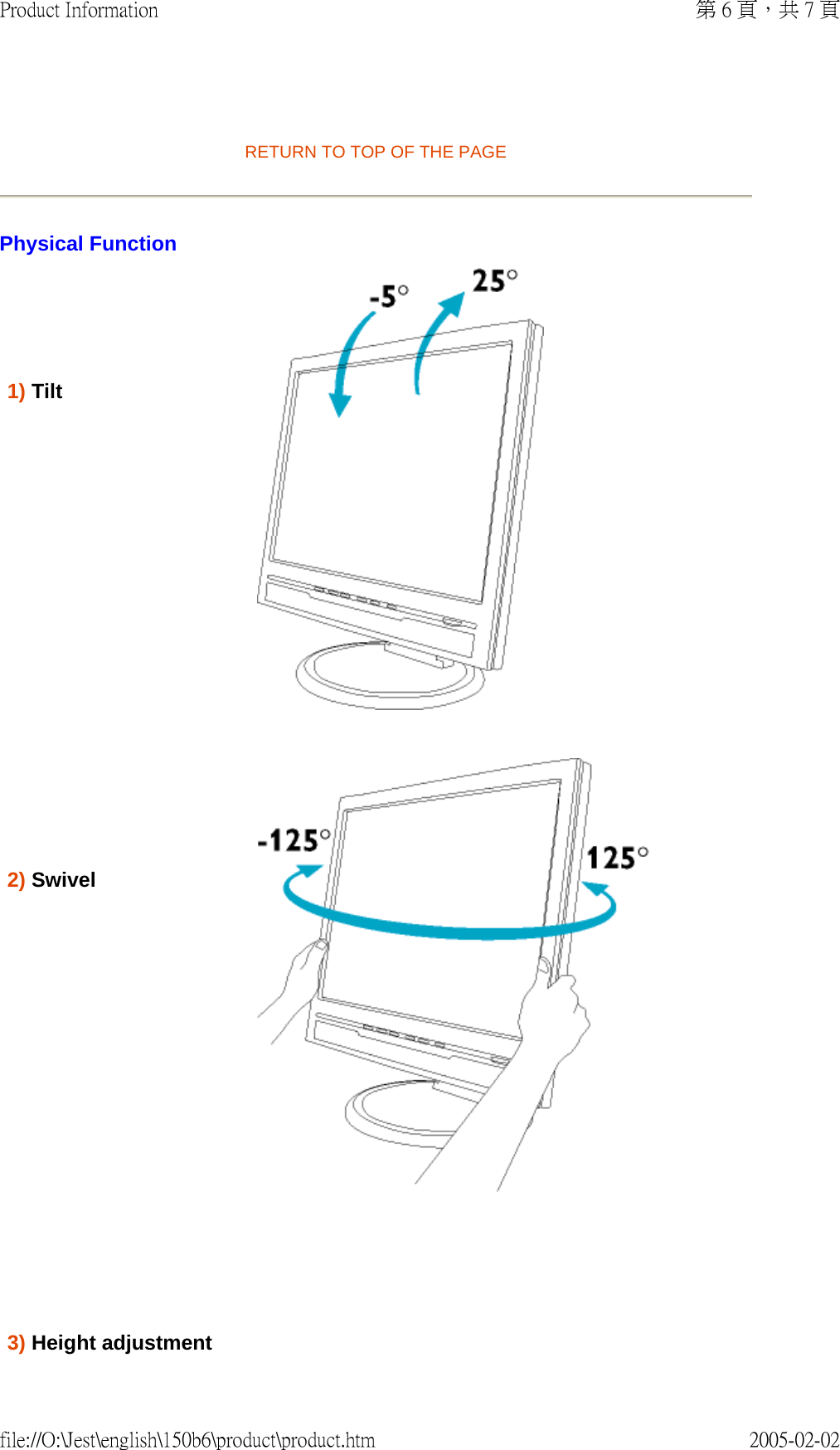   RETURN TO TOP OF THE PAGE Physical Function     1) Tilt               2) Swivel           3) Height adjustment 第 6 頁，共 7 頁Product Information2005-02-02file://O:\Jest\english\150b6\product\product.htm