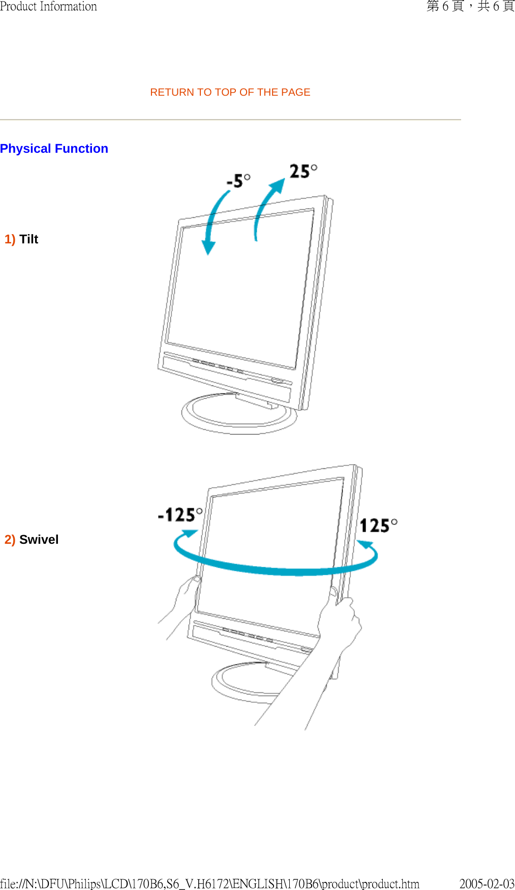   RETURN TO TOP OF THE PAGE Physical Function     1) Tilt               2) Swivel         第 6 頁，共 6 頁Product Information2005-02-03file://N:\DFU\Philips\LCD\170B6,S6_V.H6172\ENGLISH\170B6\product\product.htm